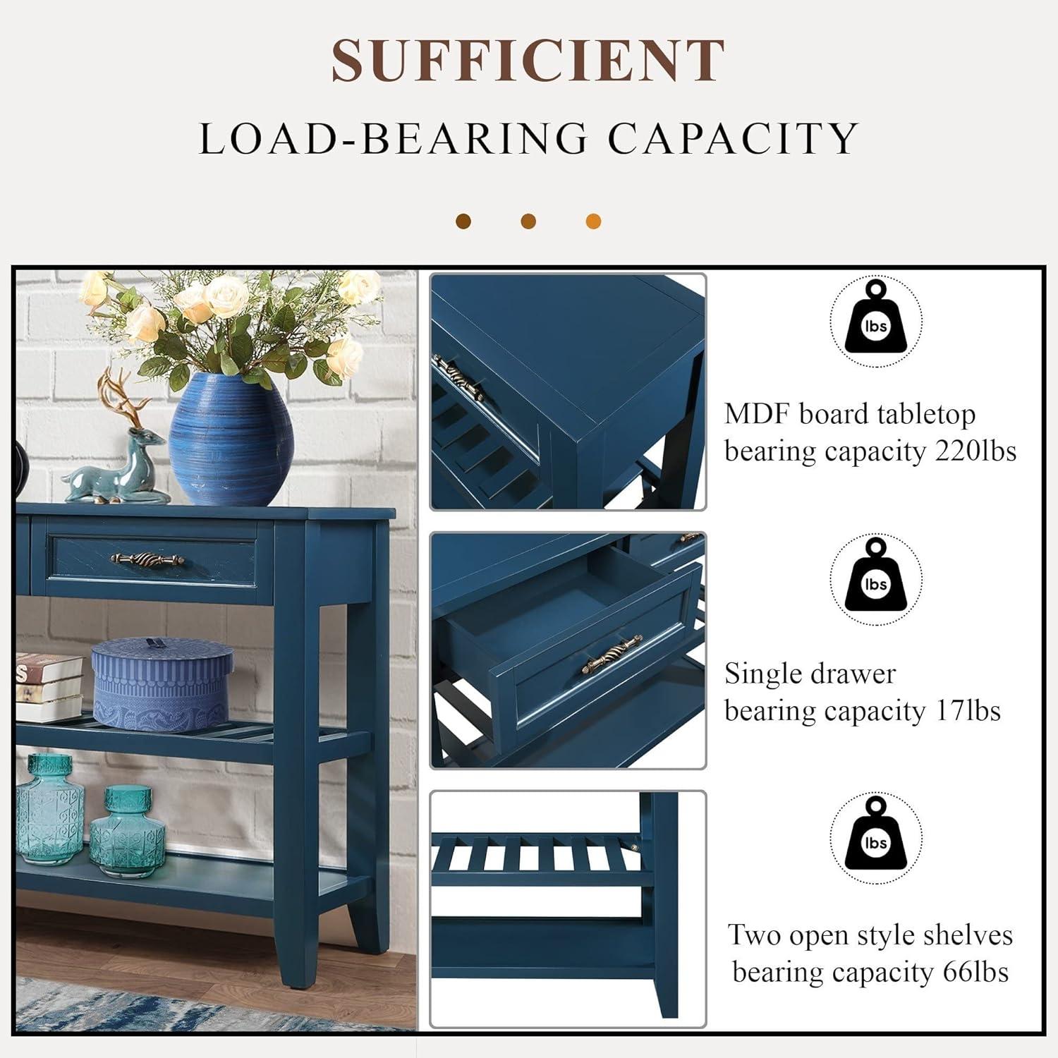 42inch Mid-Century Wood Console Table with 2 Drawers and 2 Bottom Shelf Sofa Table Solid Wood Sideboard(Navy Blue)