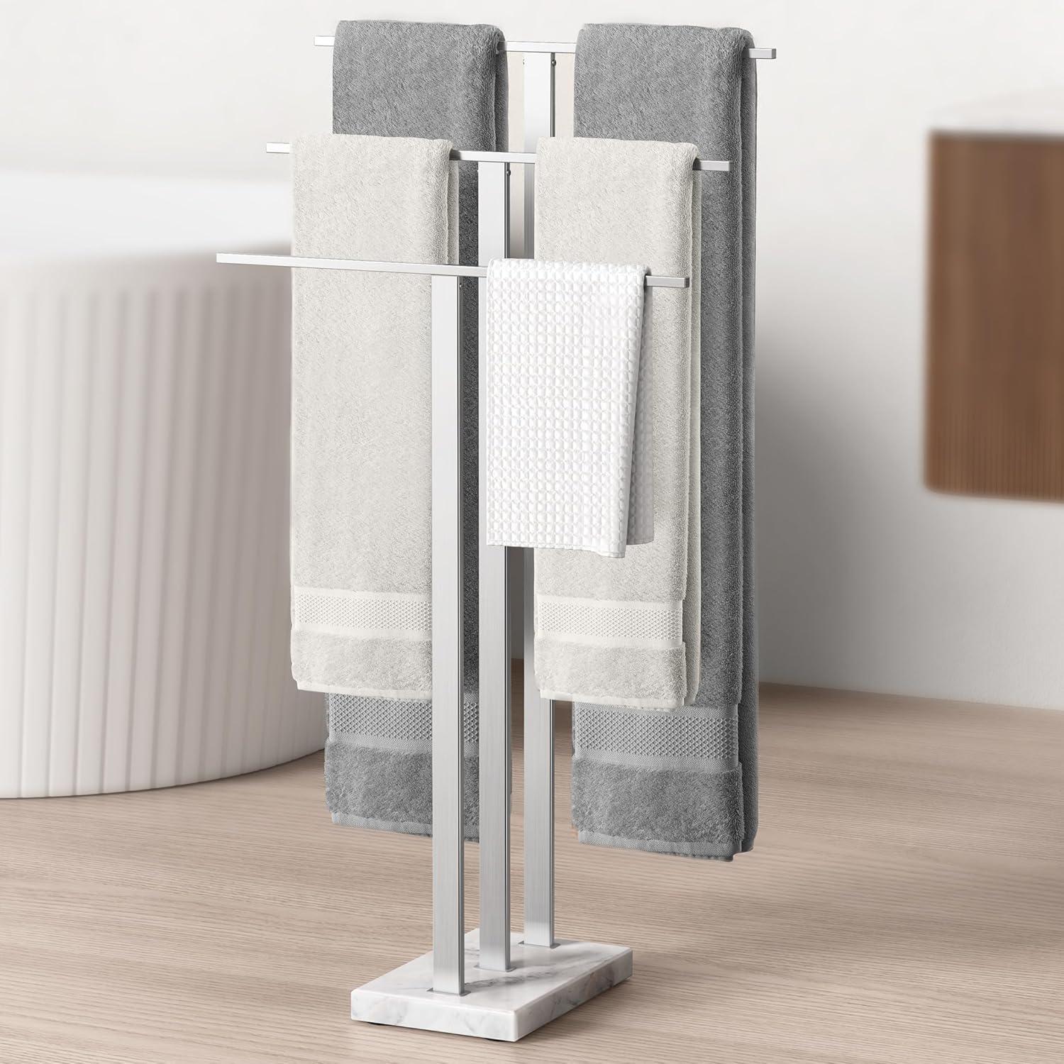 Brushed Steel Freestanding Triple Towel Rack with Marble Base