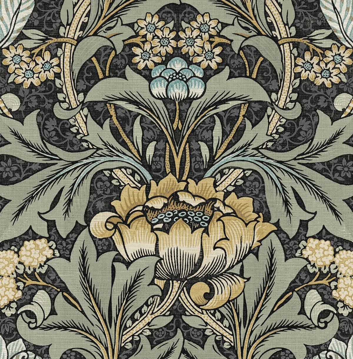 Seabrook Designs  Acanthus Floral Prepasted Wallpaper 20.5 in. W x 33 ft. L - Charcoal & Goldenrod