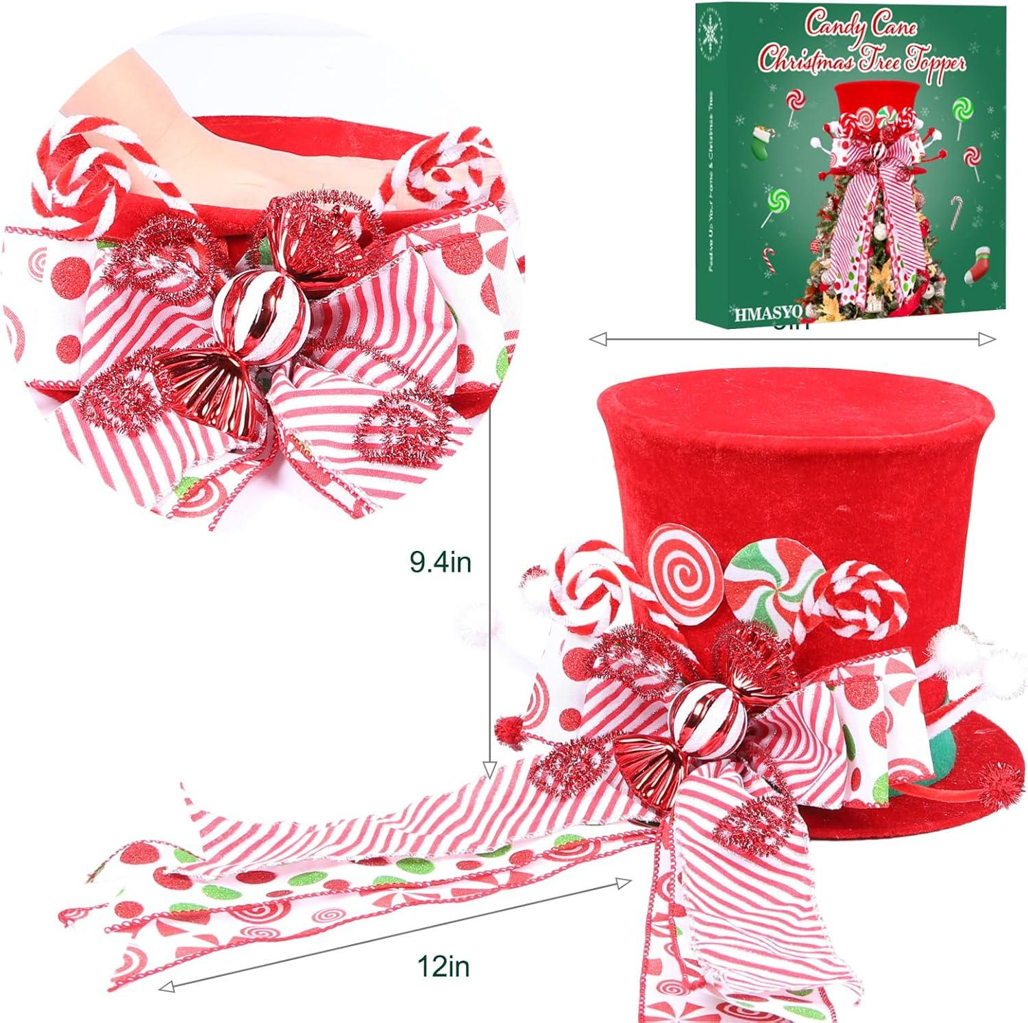 Christmas Gifts Clearance! Modern Christmas Ornaments Candy Cane Christmas Tree Topper Large Red Tree Topper Hat with Candy Peppermint Bows Ribbon Ornament Top Hat Christmas Tree Topper for Home