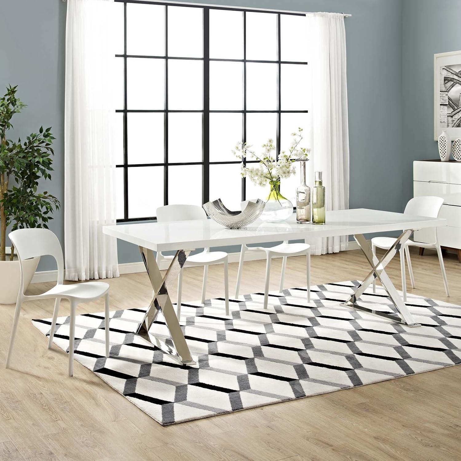 Modway Sector 87" Wood & Stainless Steel Cross Base Dining Table in White/Silver
