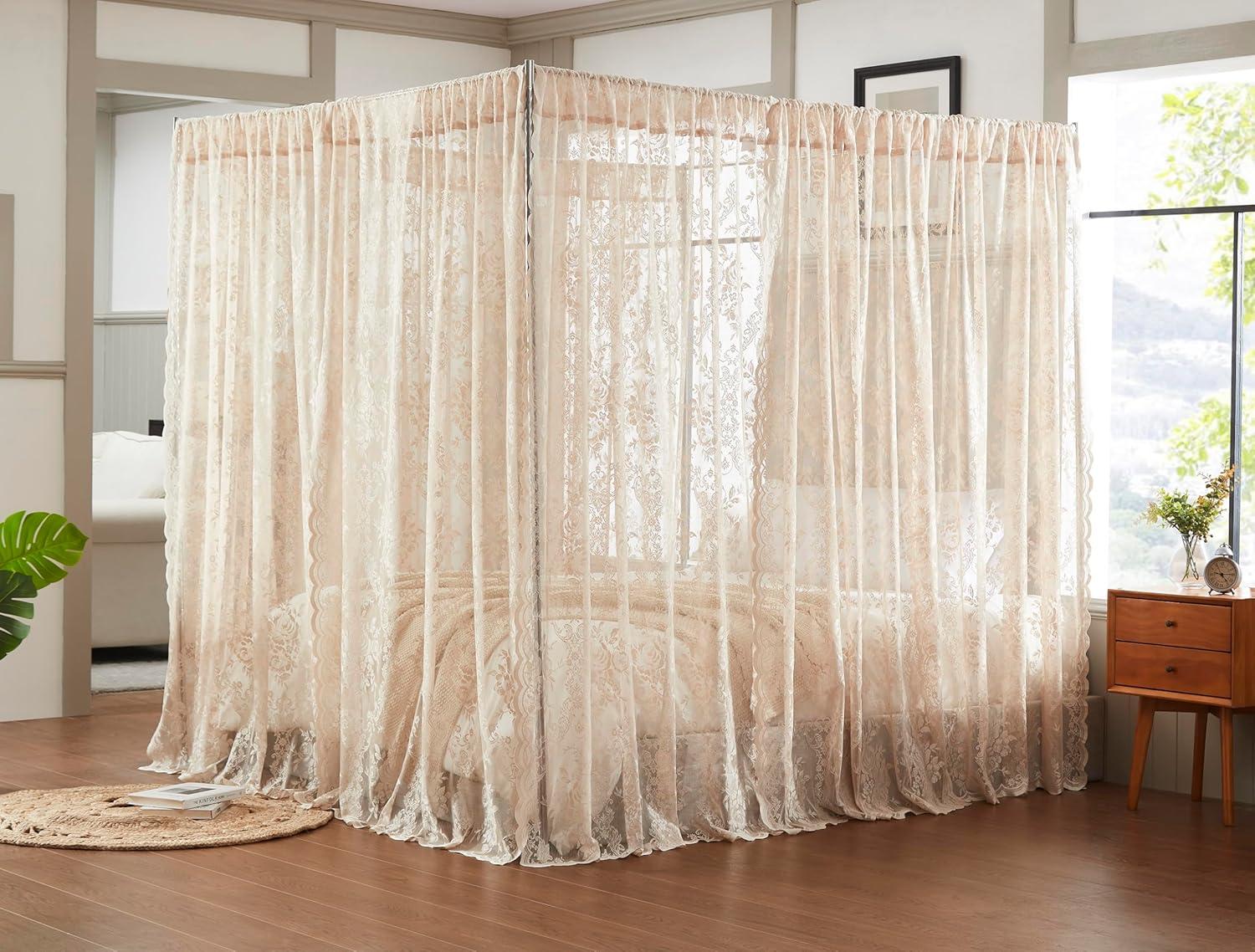WARM HOME DESIGNS 8 Piece Lace Canopy Bed Curtains Set With Tie-Backs for Queen or King Bed (Set of 8)