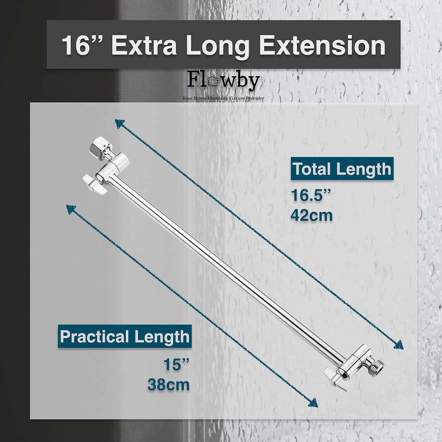 Flowby 𝟭6'' 𝗘𝘅𝘁𝗿𝗮 𝗟𝗼𝗻𝗴 Adjustable Solid Brass Chromed Shower Head Extension Arm, With Setting Screw and Locking Nuts, Extra Load of Weight, Height and Range Adjustable, Easy Installation