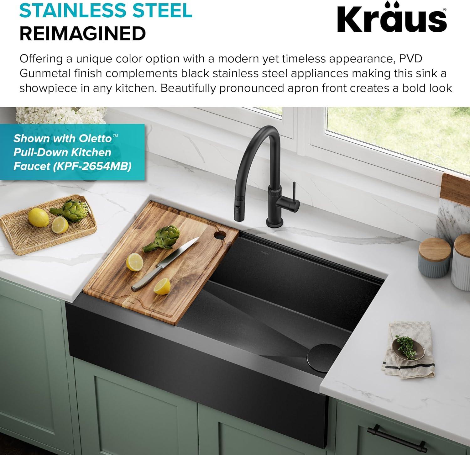 KRAUS Kore™ Workstation 33" L Farmhouse Apron Front 16 Gauge Black Stainless Steel Single Bowl Kitchen Sink