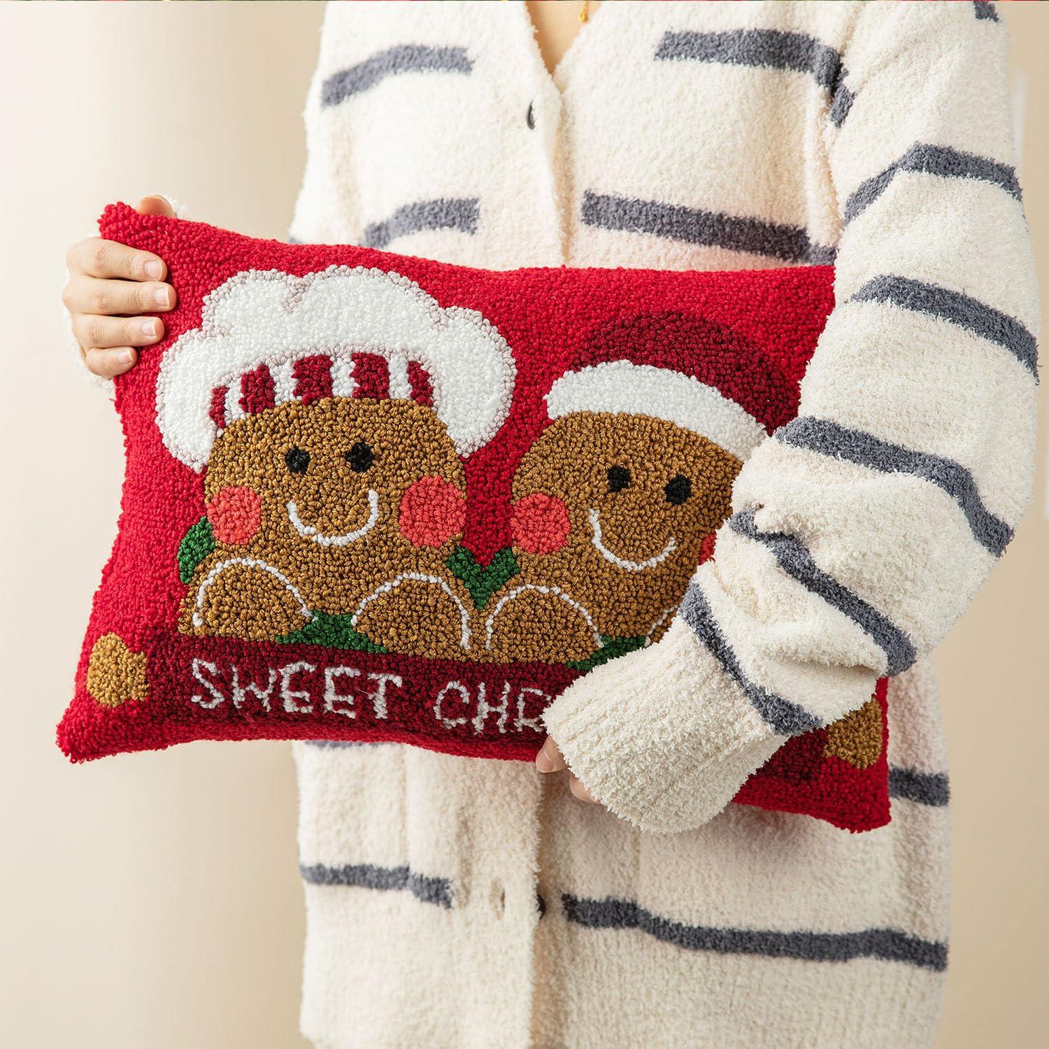 13.75" Red and White Unique Hooked 3D Snowman Pillow