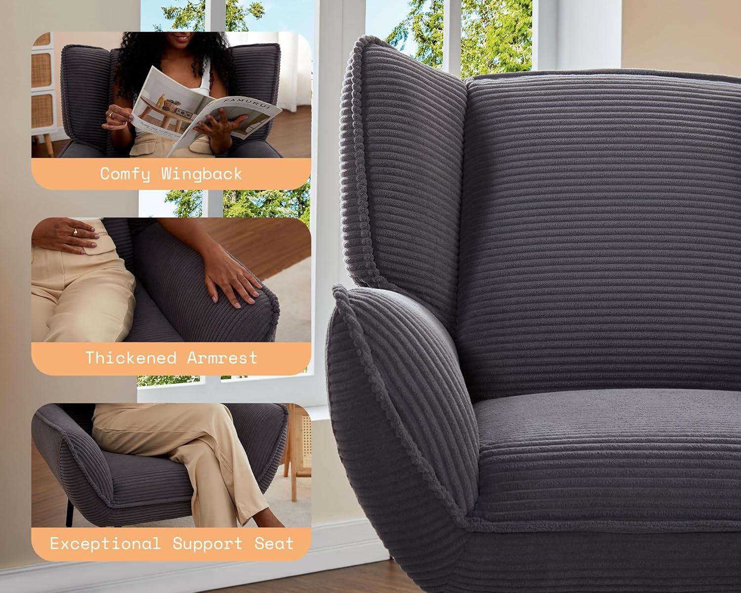 AMERLIFE Accent Chair Chair with High Wingback, Grey Armchair for Bedroom, Comfy Corduroy Chair