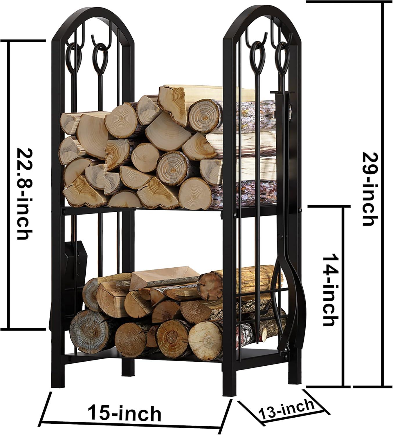 Black Metal Firewood Rack with Tools and Wood Shelf