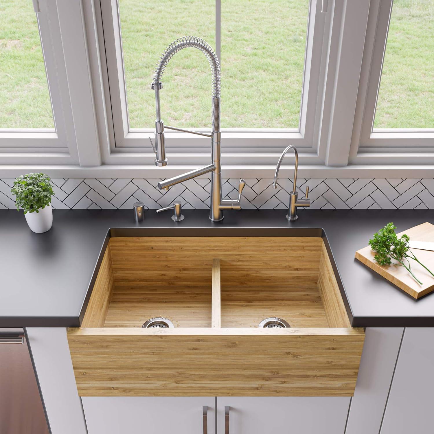 32.63'' L Farmhouse / Apron Double Bowl Bamboo Kitchen Sink