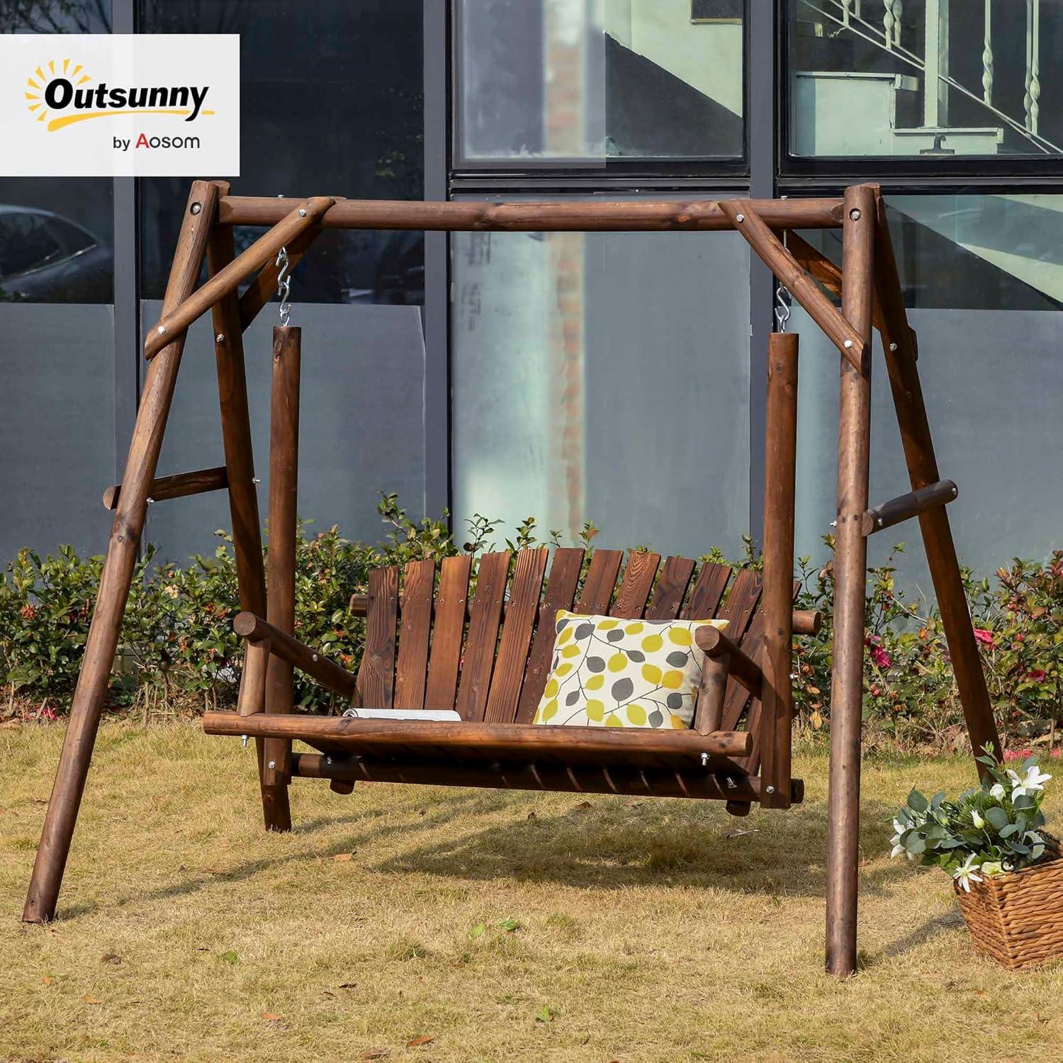 Outsunny Wooden Swing Bench, Garden Swing Chair for Patio, Yard, Porch, Carbonized