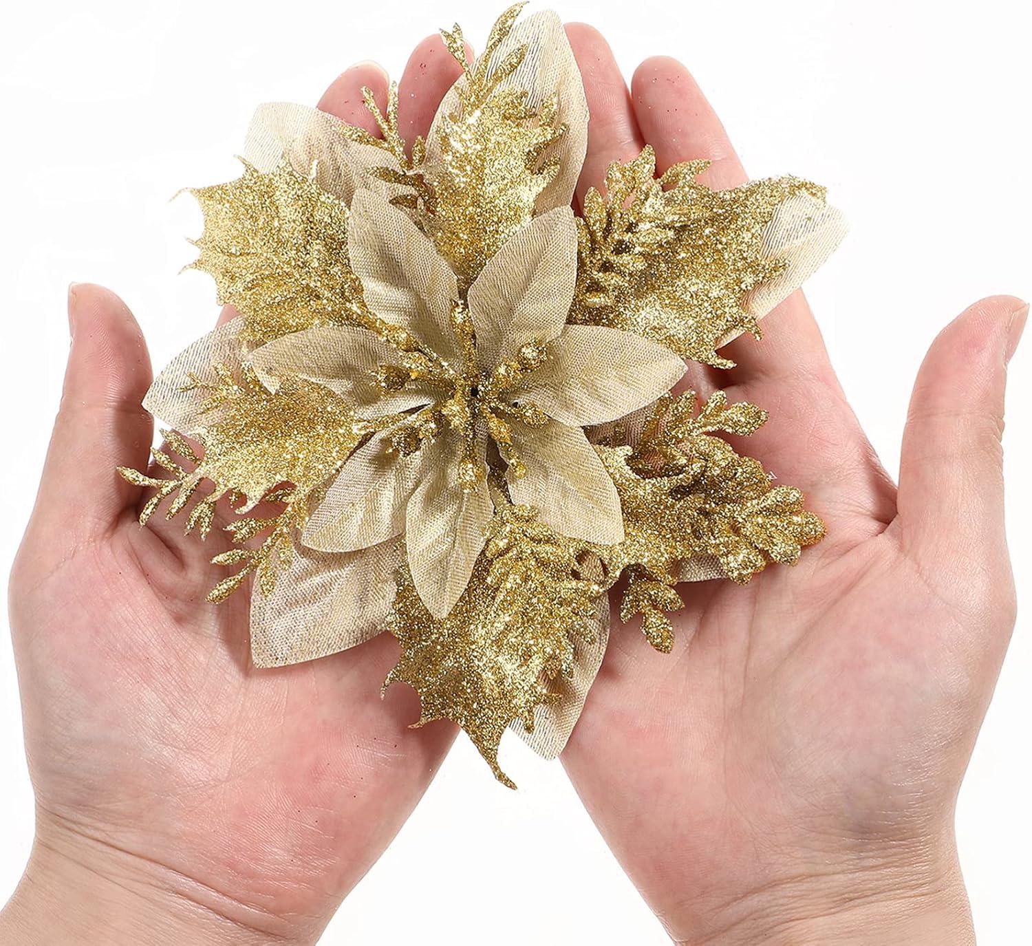 12PCS Poinsettia Flower Artificial Poinsettia Christmas Decoration 5'' Glitter Poinsettias Christmas Ornaments Christmas Tree Flower Decor with Clips DIY Xmas Wreath Holiday Home Party Decor