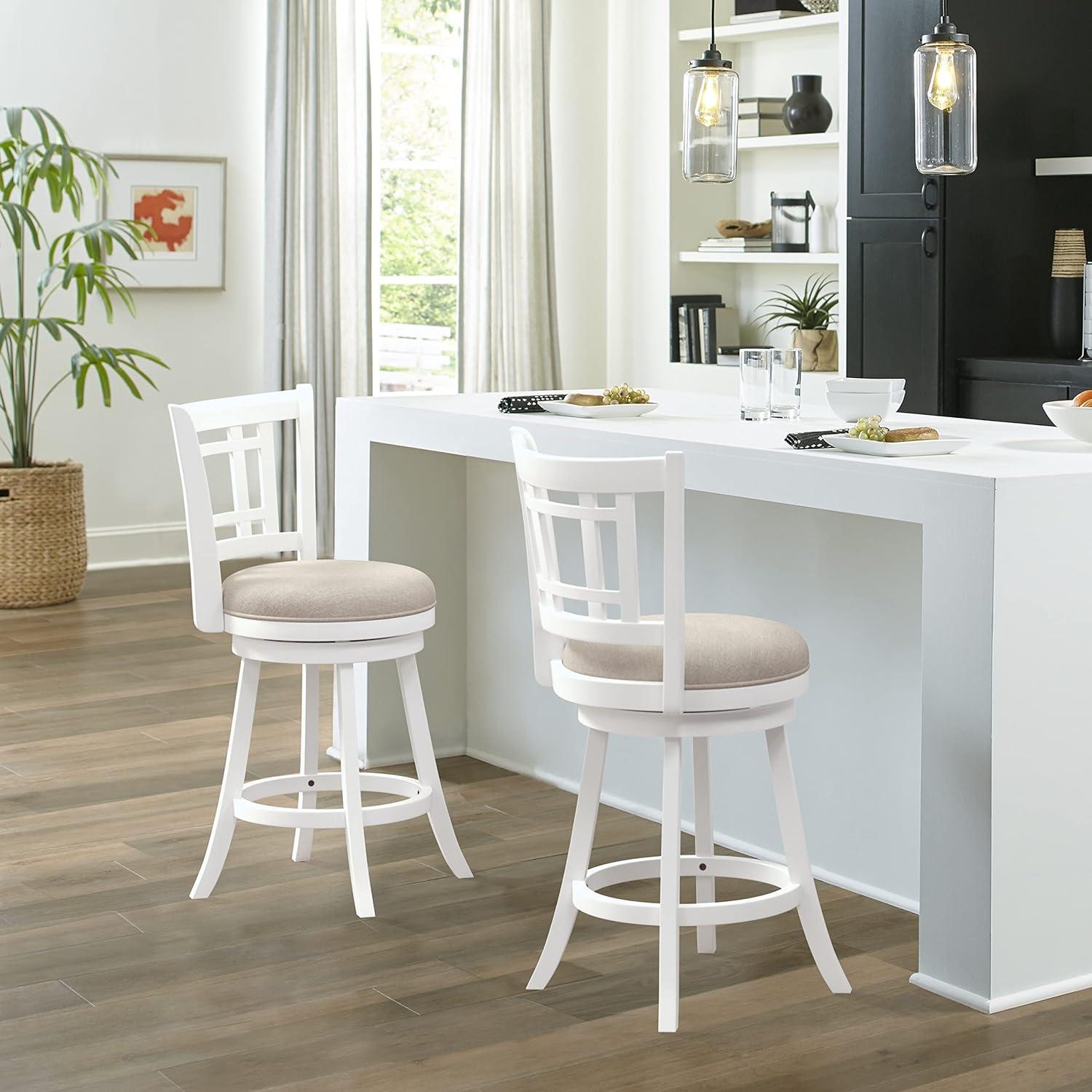 White Wood Swivel Counter Height Stool with Beige Seat