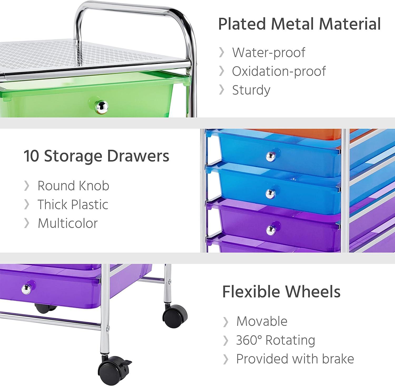 Renwick 10 Drawer Rolling Storage Cart with Lockable Wheels, Multicolor