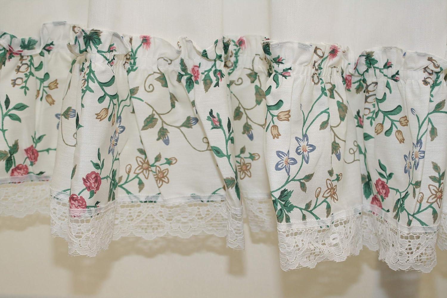 Ellis Country Floral Small Scale 1.5" Rod Pocket Floral Pattern with Ruffle Lace Edge Tier 58"x24" Multicolor