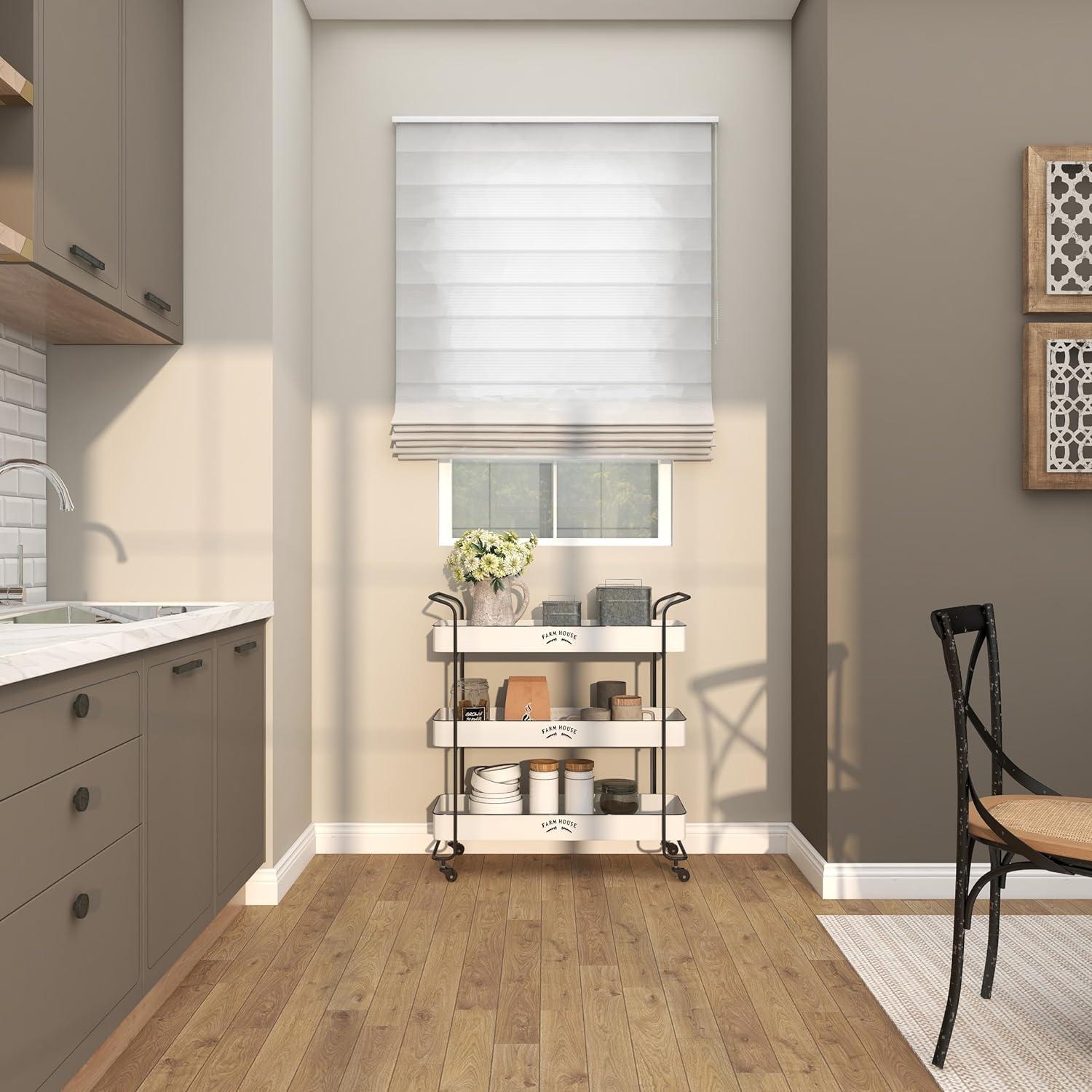 DecMode 32" x 35" White Metal Kitchen Rolling 3 Shelves Bar Cart with Black Accents and Farm House Design, 1-Piece