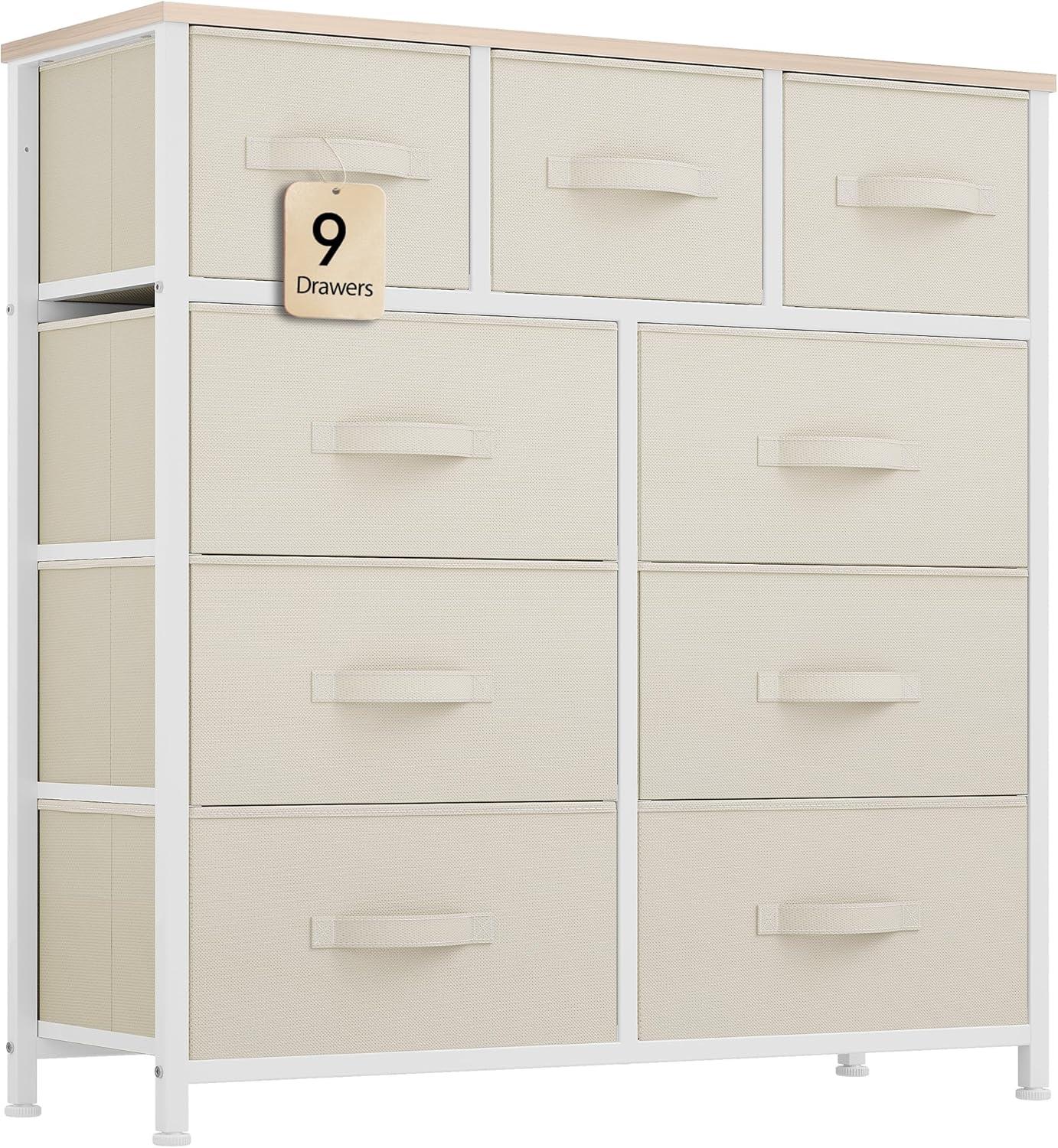 Uforic Drawer Dressers For Bedroom, 9 Storage Dresser Fabric Unit for Living Room, Hallway, and Closets, Cream White