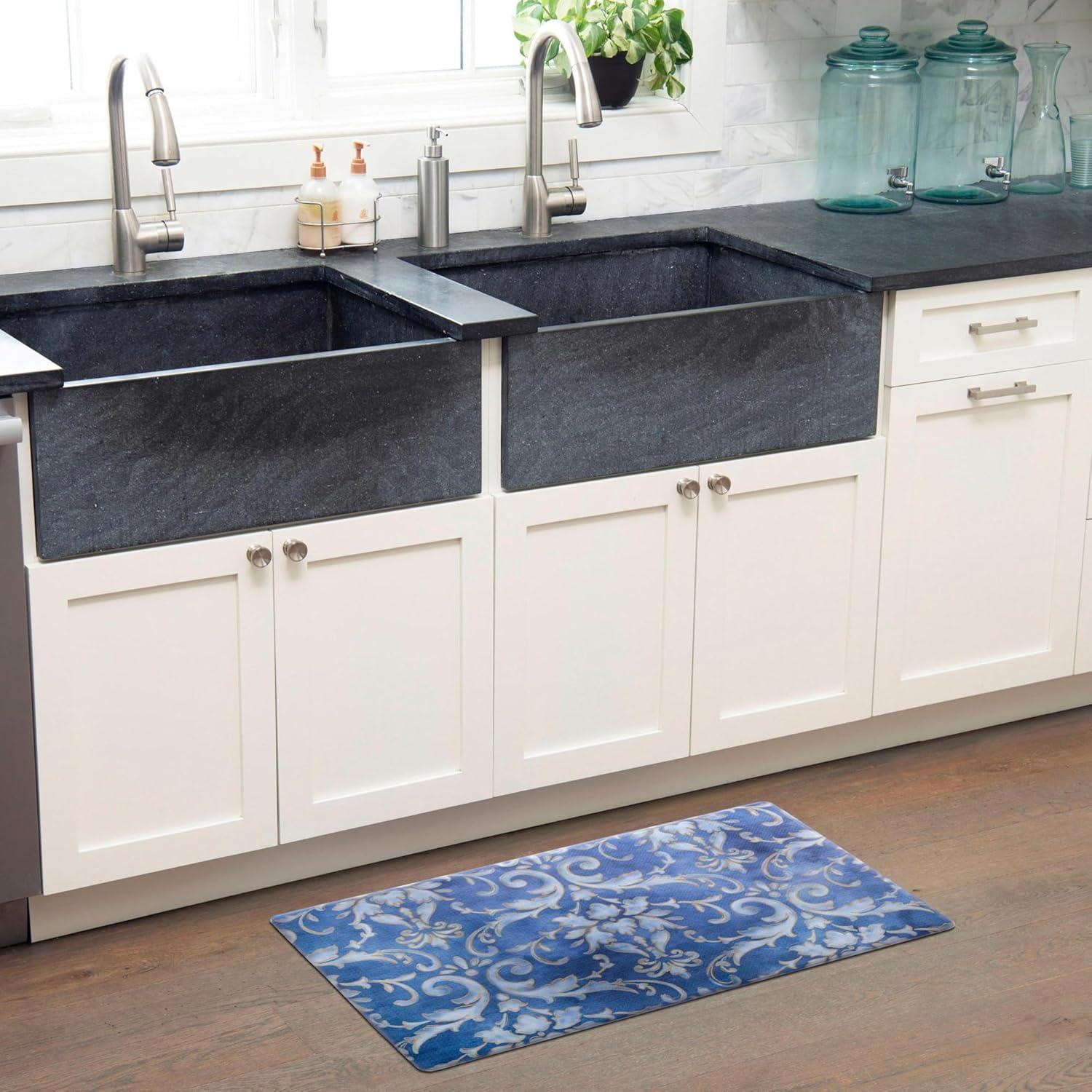 Blue and Gold Damask Anti-Fatigue Kitchen Mat