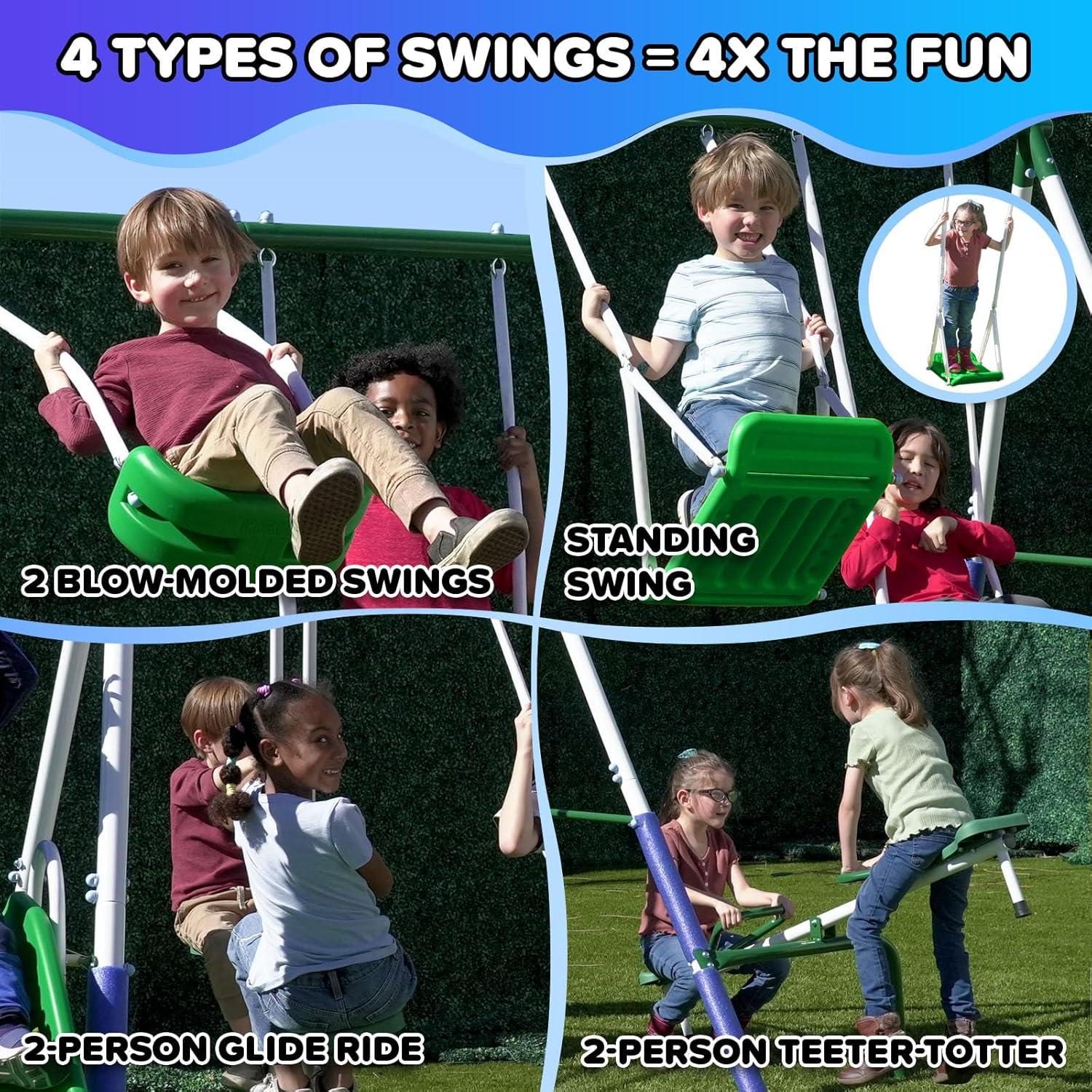 Sportspower Sportspower Park Ridge Metal Swing Set With 2 Swings, Standing Swing, 2 Person Roman Glider Swing, Teeter Totter And 5' Slide, Bonus Anchor Kit Included