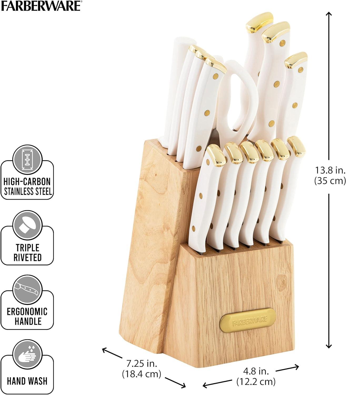 15-Piece White and Gold Stainless Steel Knife Set with Wood Block