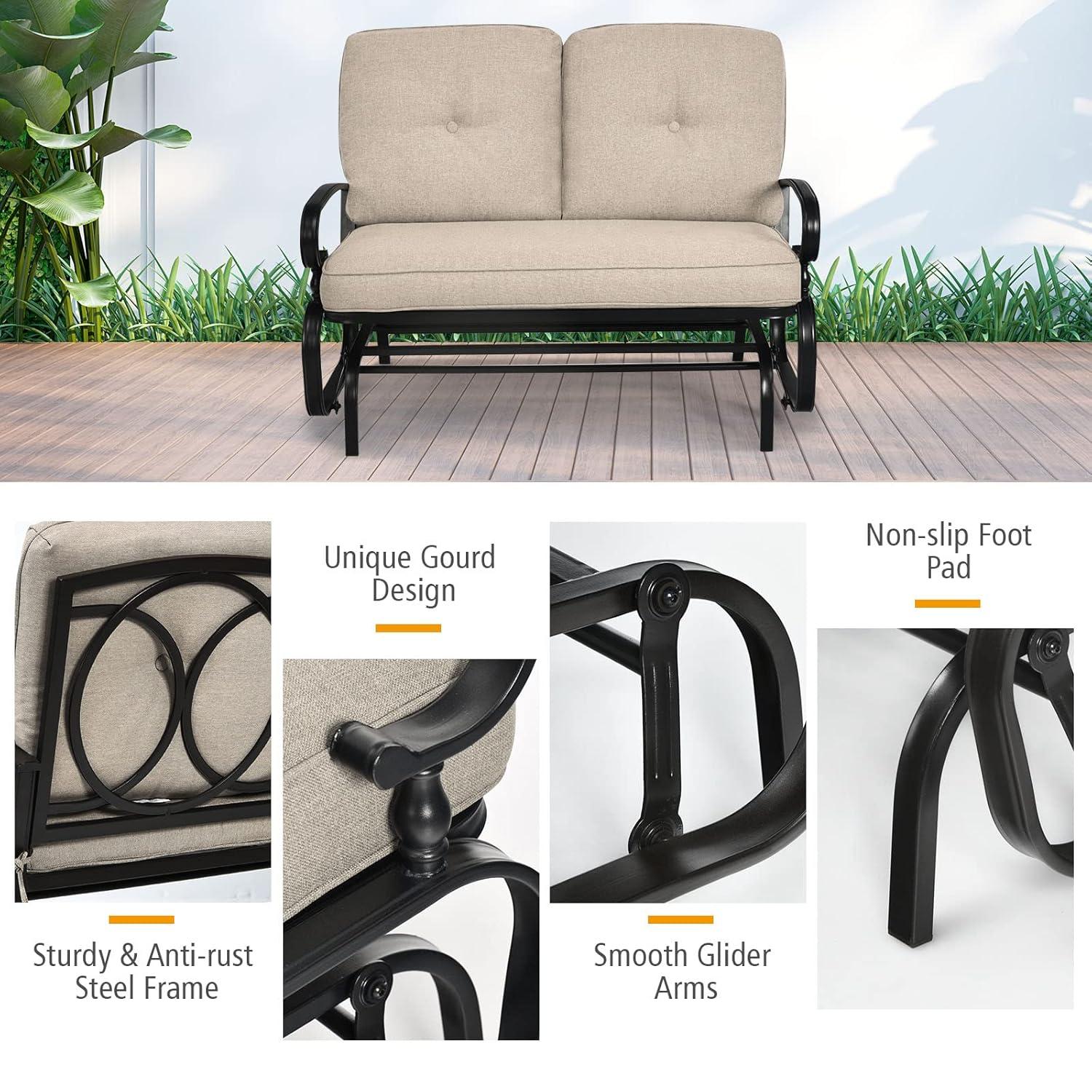 Costway 2-Person Outdoor Swing Glider Chair Bench Loveseat Cushioned Sofa Beige
