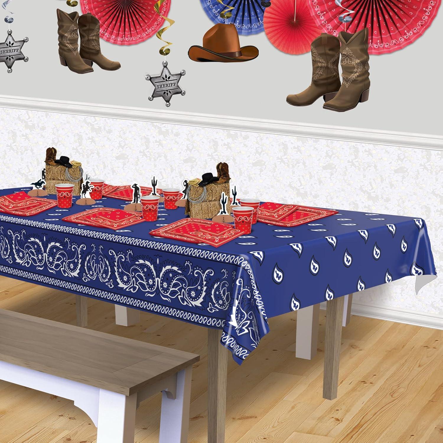 Beistle Blue Bandana Tablecover, 54” x 108” – Plastic Table Cloth, Farm Theme Tablecloth, Cowboy Theme Party Decorations, Western Decorations, Bandana Tablecloth, Rectangular Tablecloth