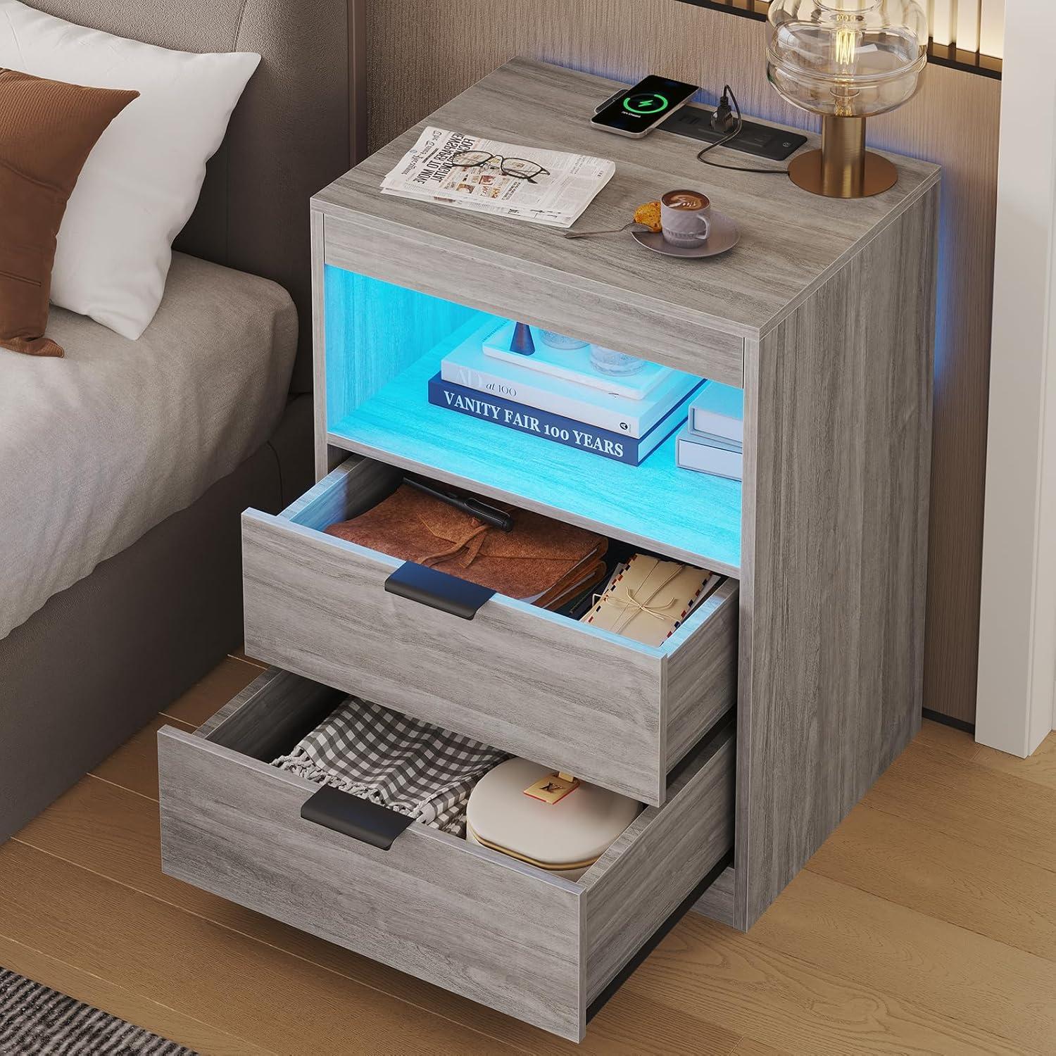 Exlonjet Black Nightstand with Wireless Charging Station and LED Lights, Bedside Table with 2 Drawers, Open Storage, 1 Pull-Out Tray, End Side Table with Charging Station, LED Night Stand with Storage