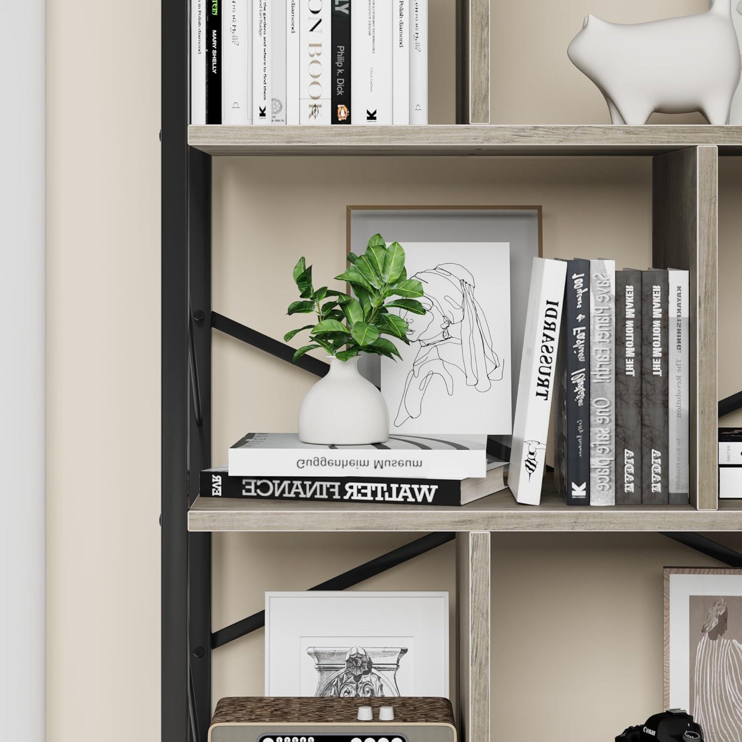 Gray Adjustable 5-Tier Industrial Bookshelf with Metal Frame