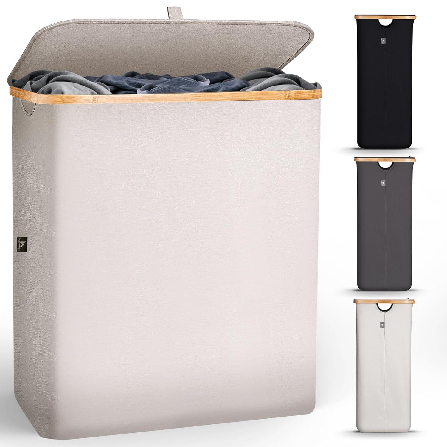 Hennez® Double Laundry Hamper with Lid, 2x Removable Bags, Thic Fabric, Bamboo Hamper 140Liter - 36gal - Light Gray