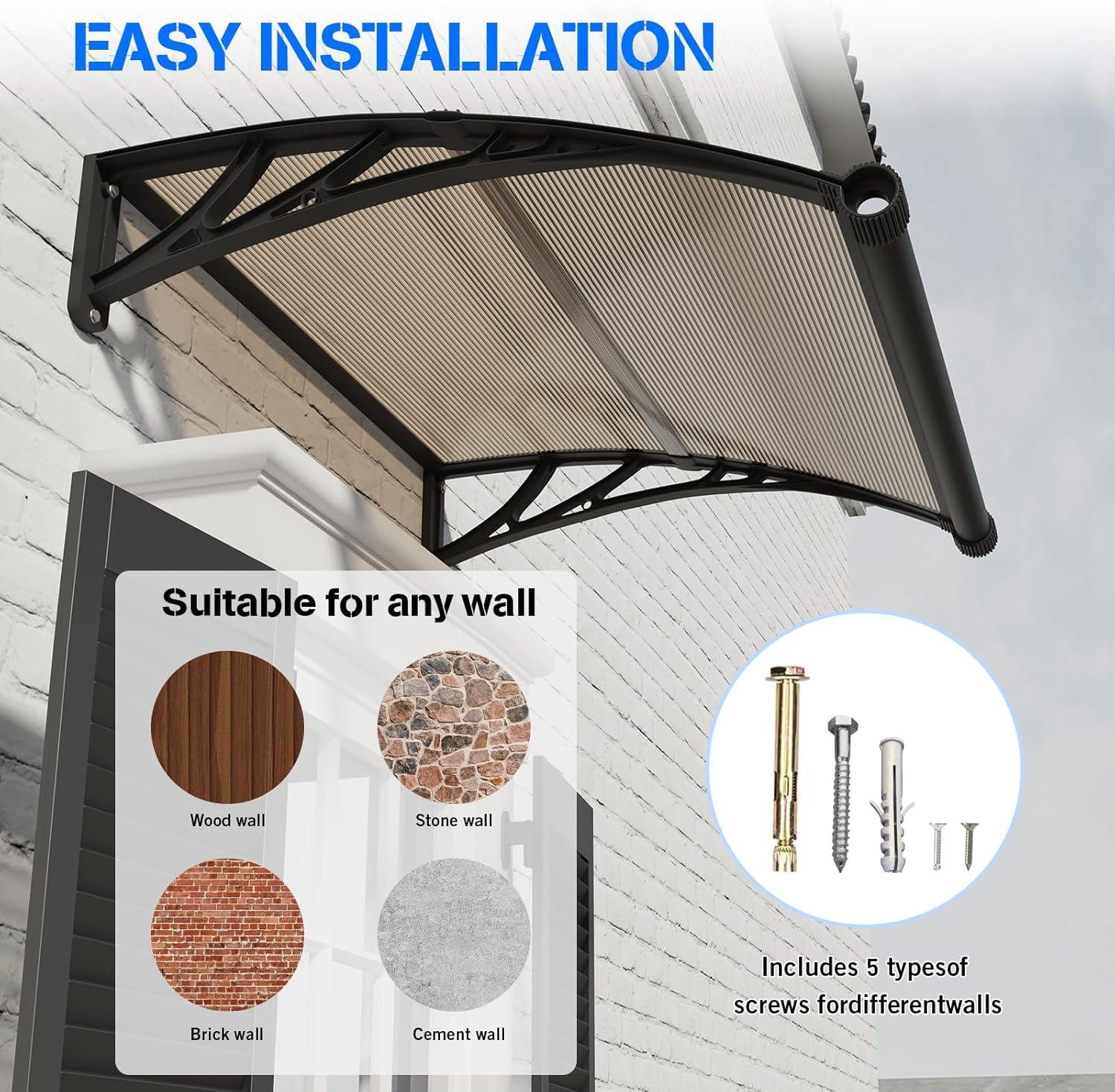 QuellQuest Window Awning Door Canopy, 40" x 40" Window Awning Overhead Door Modern Polycarbonate Cover Outdoor Front Door Patio Canopy UV Rain Snow Sunlight Protection Hollow Sheet/Brown