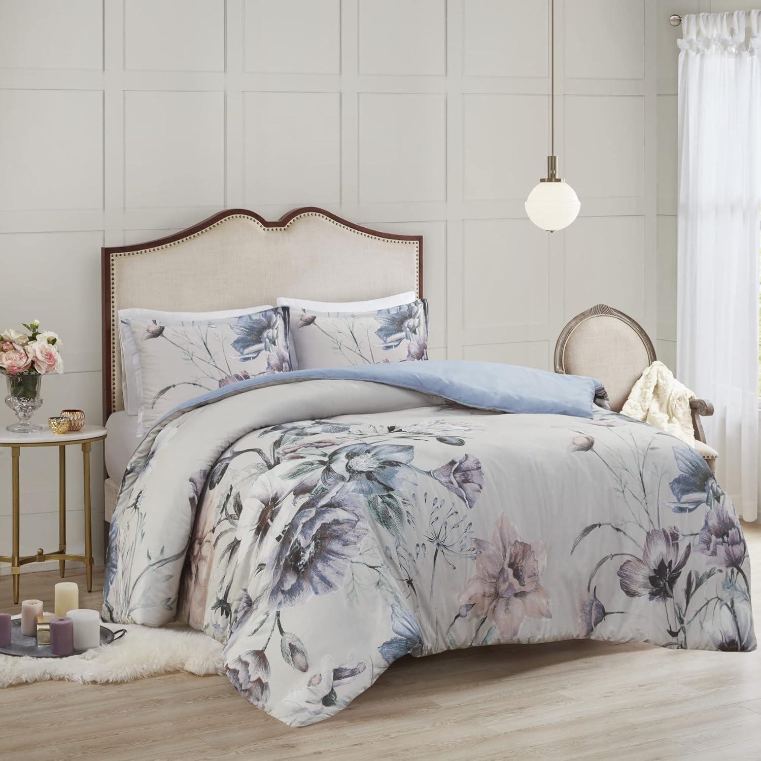 Maddy Blue Floral Cotton King/Cal King Duvet Cover Set