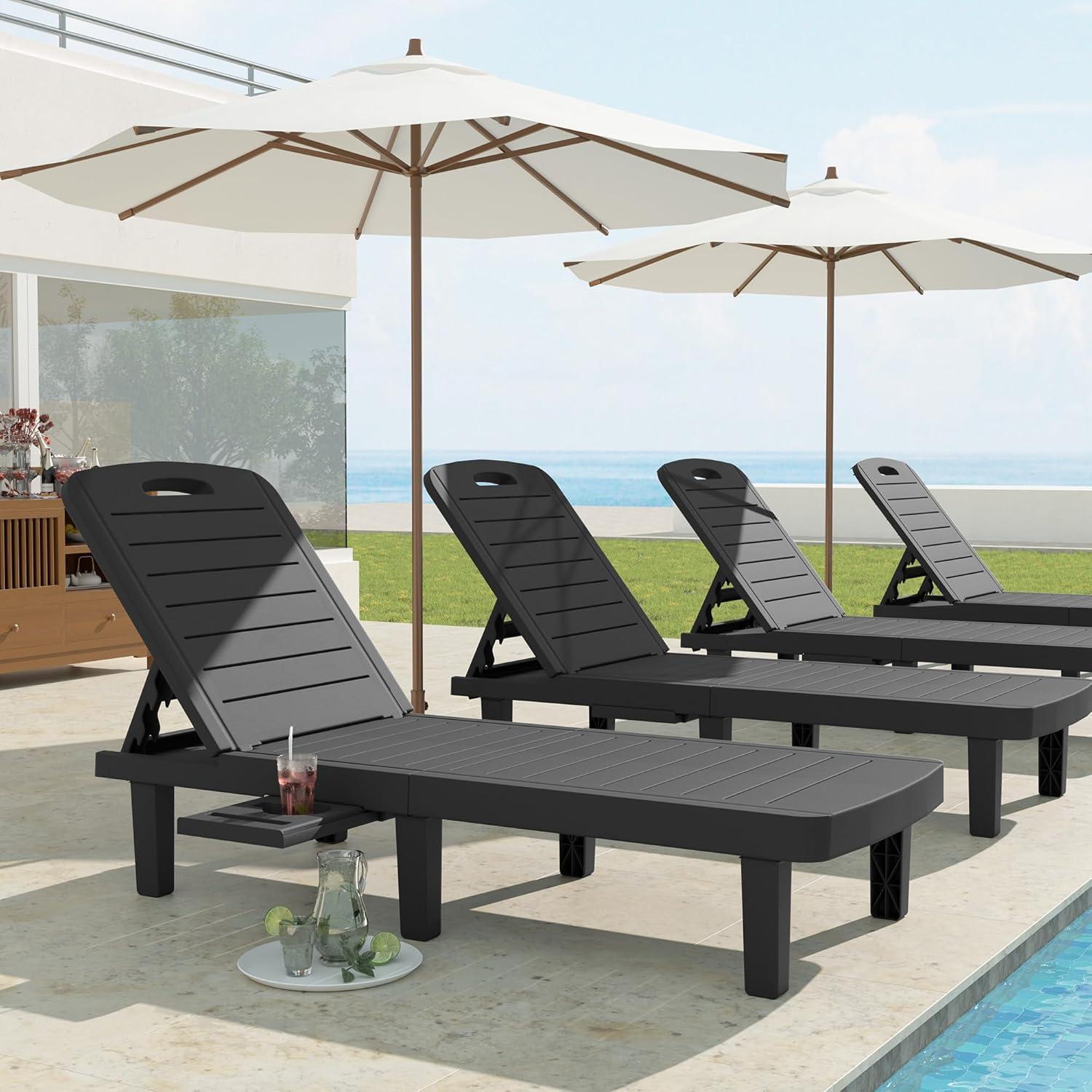 Patio Lounge Chairs Set of 2, Outdoor Chaise Lounge Chair with 4 Backrest Angles, Patio Foldable Reclining Chair Furniture for Poolside, Deck, Backyard, Black