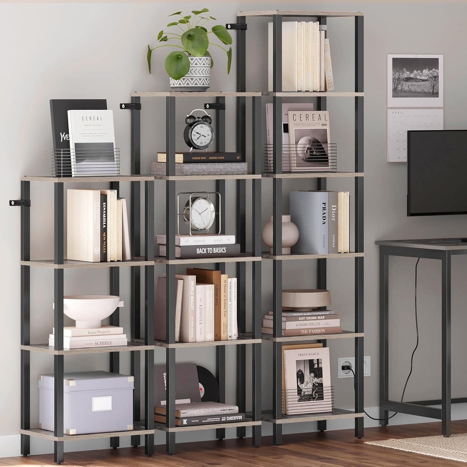 Greige and Black 6-Tier Tall Narrow Bookshelf