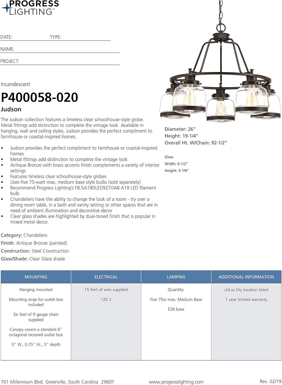 Progress Lighting Judson 5-Light Chandelier, Antique Bronze, Schoolhouse Globe, Canopy Included, Shade Dimensions: 6.5 x 5.25