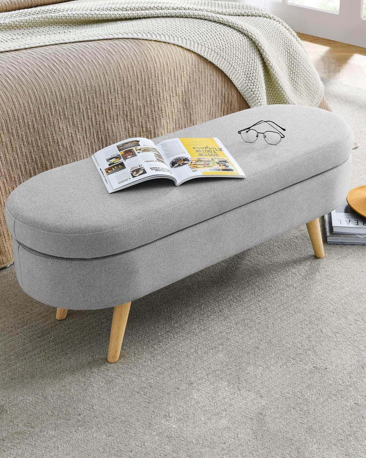 Sumdeal 43.5" Storage Ottoman Bench with 250lb Seating, Linen Upholstered Wood Legs Safety Hinge Flip Top Oval Foot Rest Long Stool for Sofa Couch Bedroom End of Bed Living Room Entryway, Grey