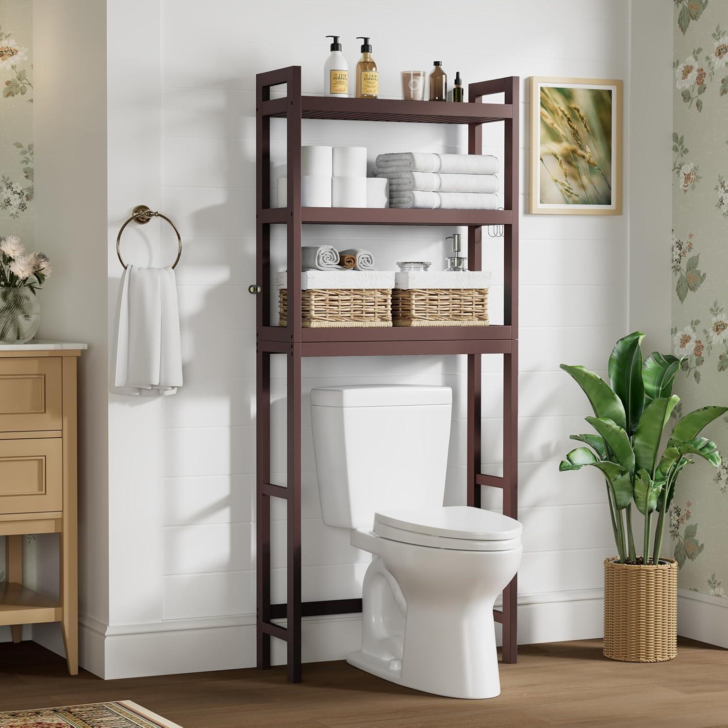 Over The Toilet Storage, Bamboo 3-Tier Over Toilet Bathroom Organizer with Adjustable Shelf, Fit Most Toilets, Space Saving, Stable Freestanding Storage Cabinet with 4 Hooks, Brown