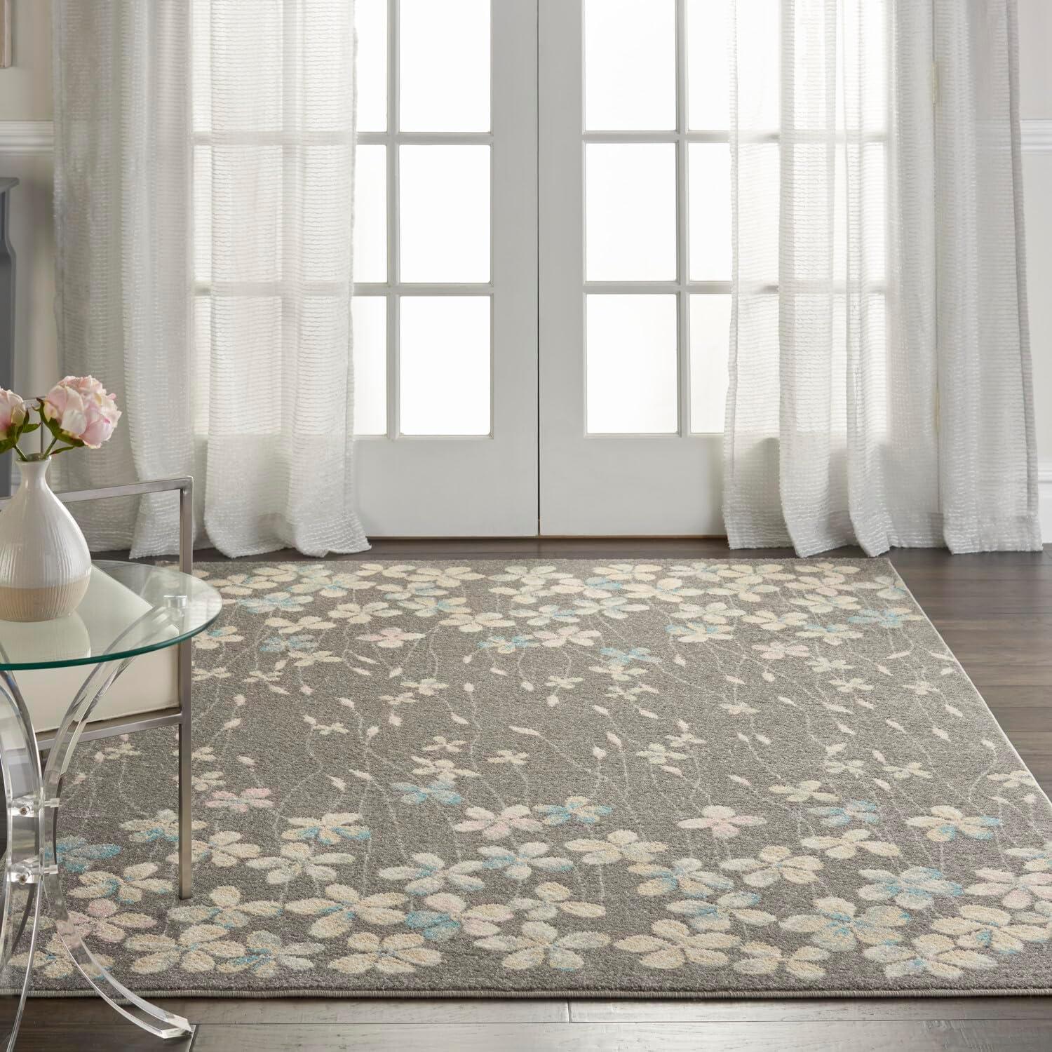 Handmade Grey and Beige Floral Synthetic 4' x 6' Rug