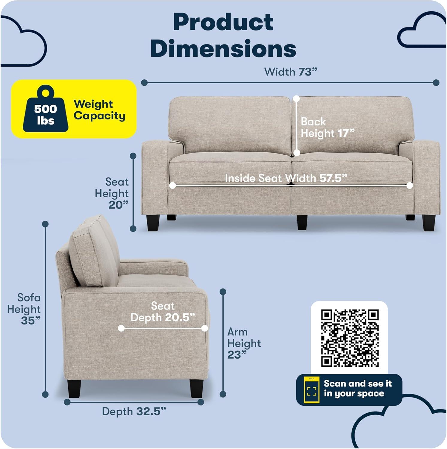 Serta Palisades 73" Track Arm Sofa, Easy Care Fabric, Soft Pillow Back, Pocket Coil Seat Cushions