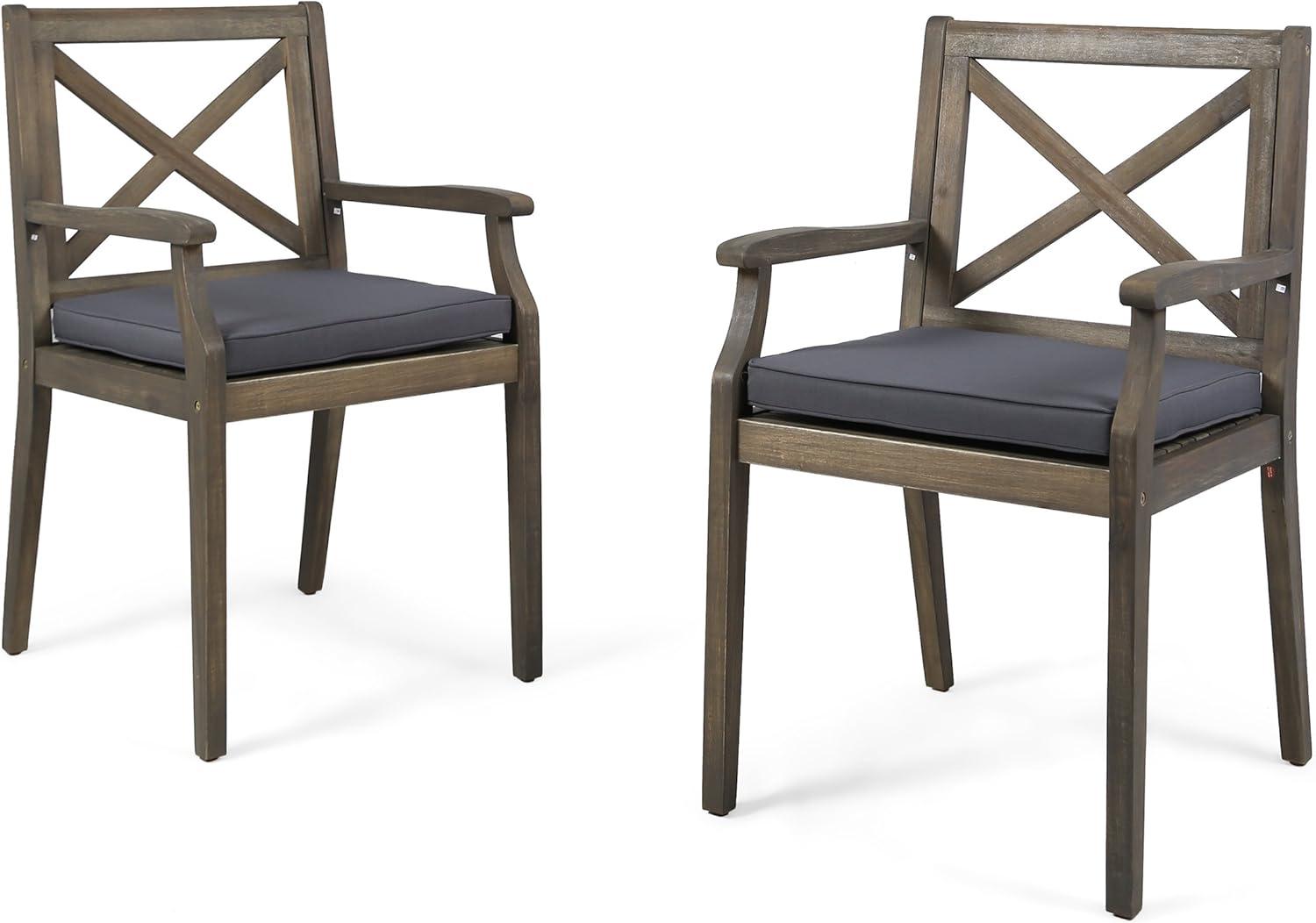 Gray Acacia Wood Outdoor Dining Chairs with Cushions, Set of 2