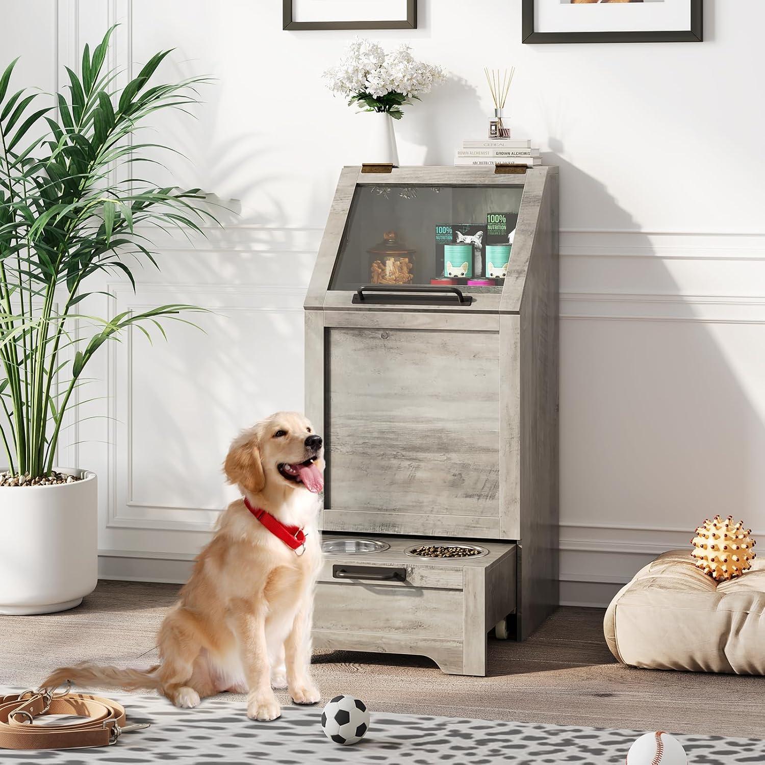 gaomon Dog Feeding Station with Storage Cabinet, 2 Elevated Dog Bowls, Filp Top Dog Food Storage Cabinet Container
