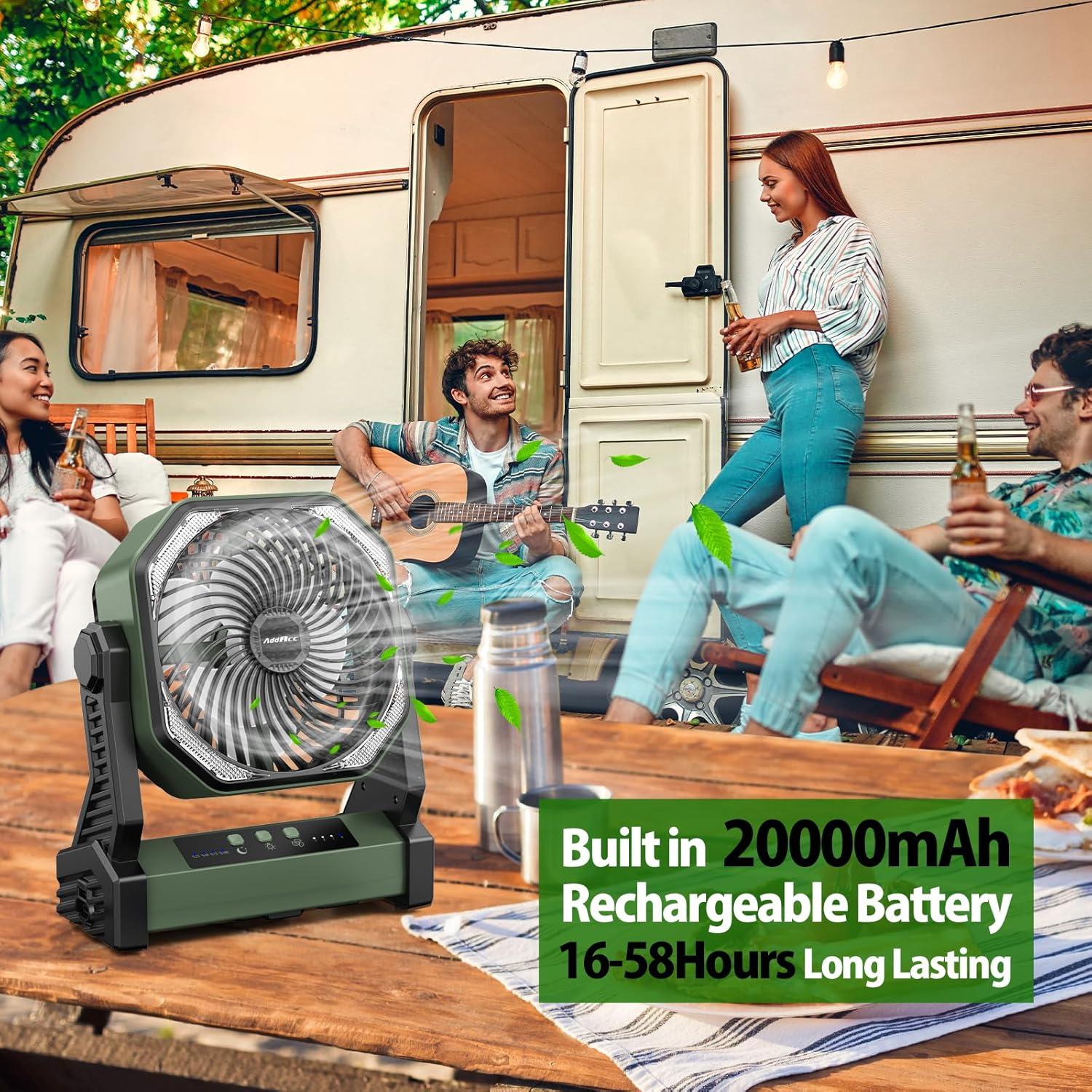 Panergy 20000mAh Battery Operated Portable Fan 8 inch Rechargeable Camping Fan with LED Light with Hanging Hook - Green