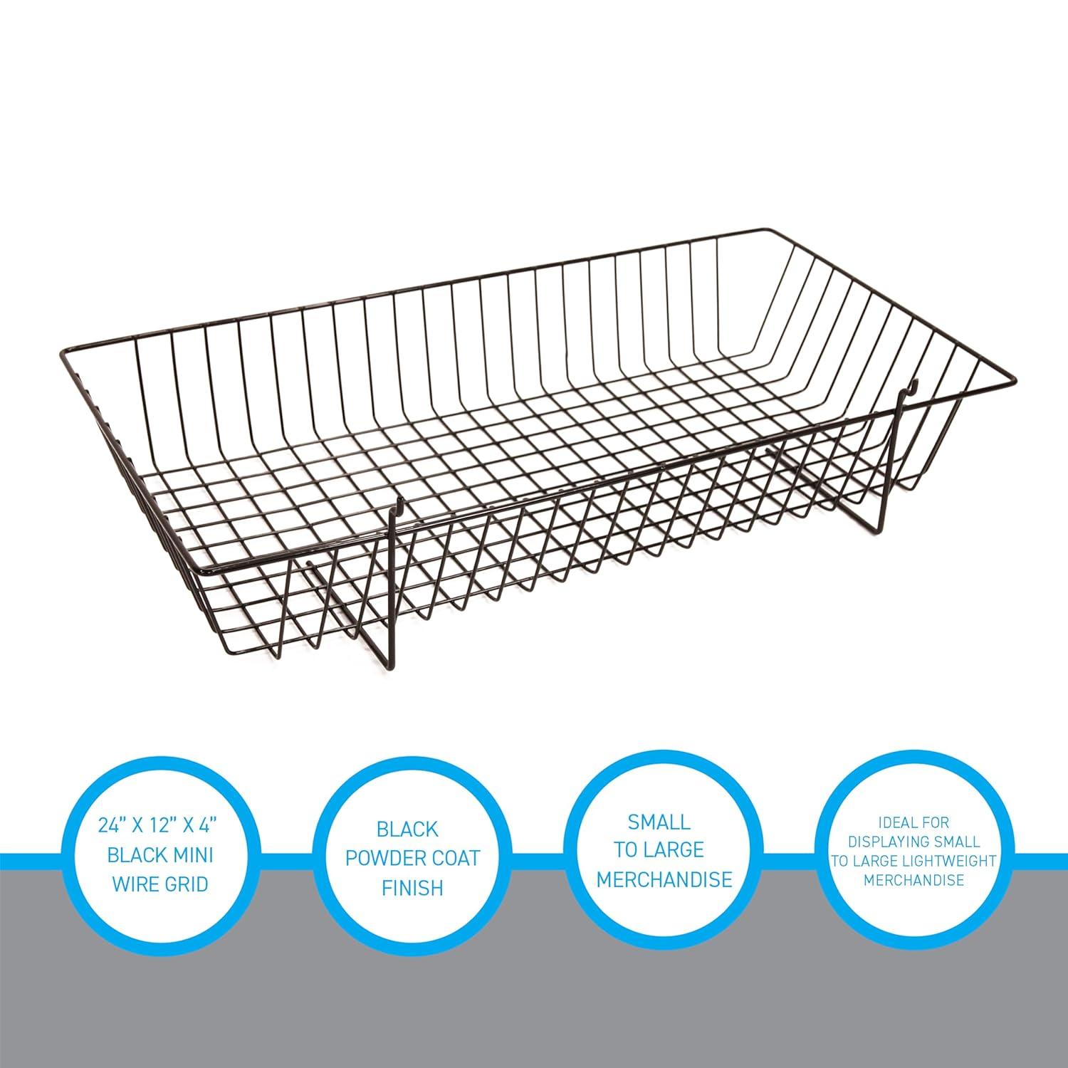 Black Mini Wire Grid Basket for Slatwall or Pegboard - 24''L x 12''W x 4"D