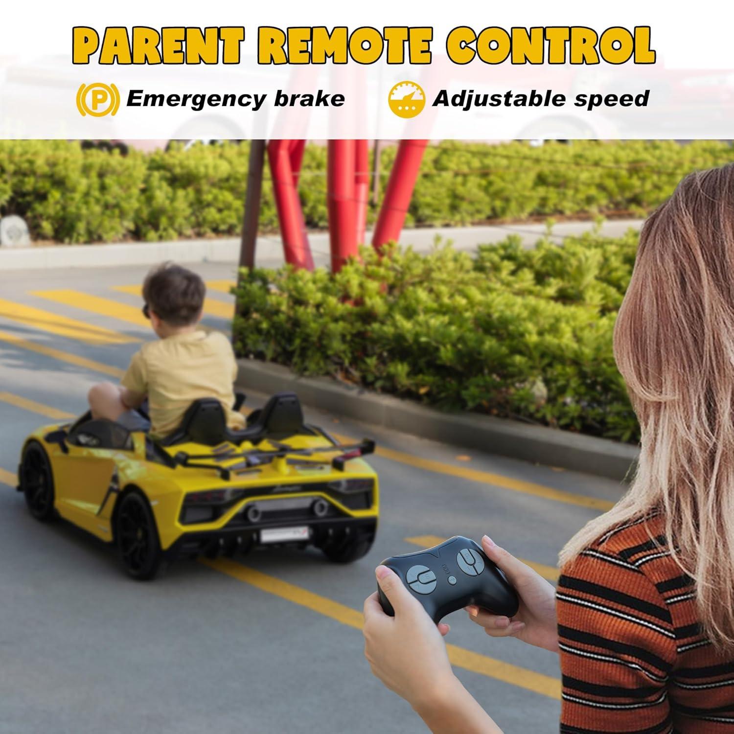 Tobbi 24V Lamborghini 2-seater Battery Powered Ride on with High/Low speed switch, Slow start function, Battery level display, MP3, USB, Light Drift Car for Kids 3-8