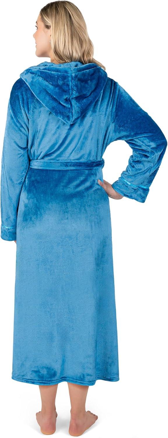 PAVILIA Fleece Robe For Women, Plush Warm Bathrobe, Fluffy Soft Spa Long Lightweight Fuzzy Cozy, Satin Trim (With Hood - Sea Blue, Large-X-Large)