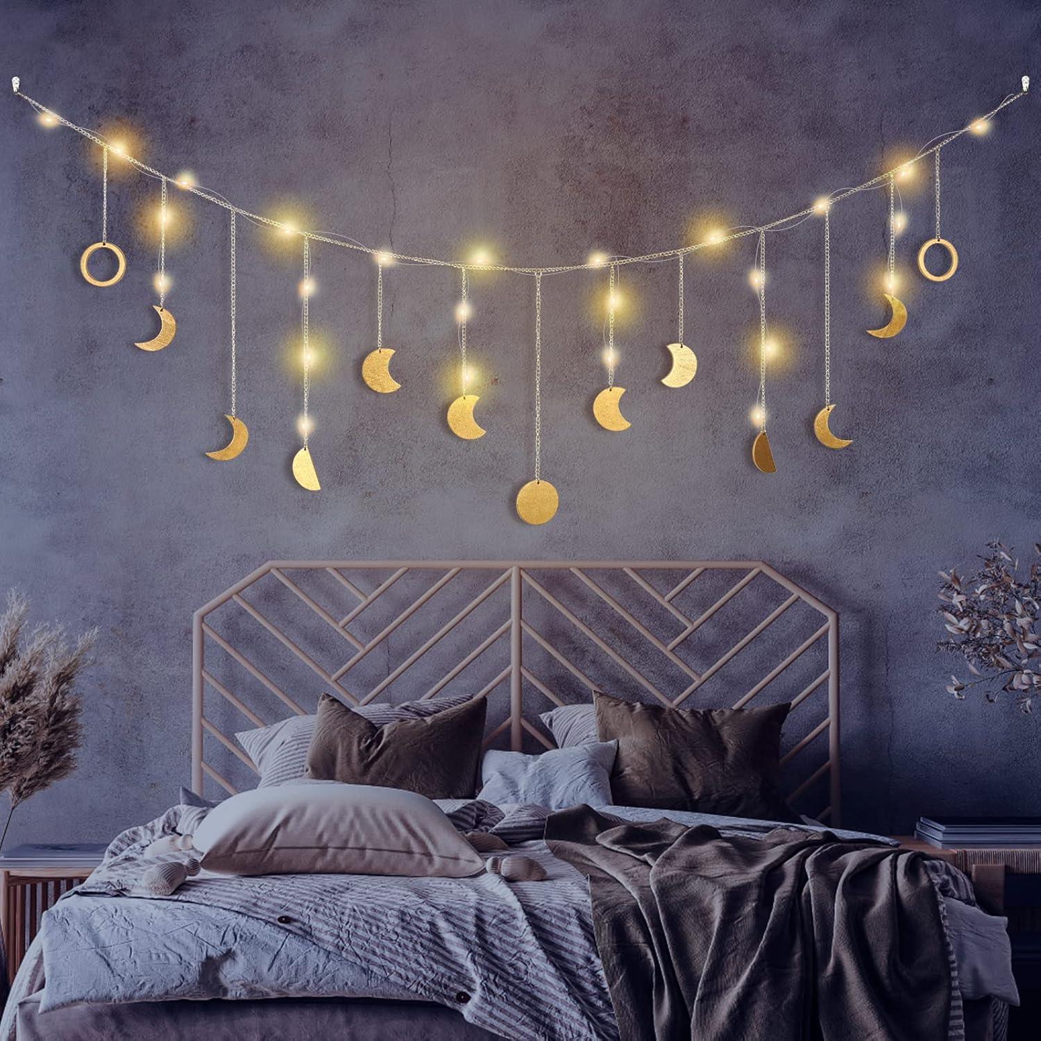 Moon Phase Wall Decor with LED String Light, 13 Gold Wood Boho Wall Hanging Decor Mood Garland 56'' - Celestial Phases Moon Decor in Bohemian Style for Bedroom Home Living Room Independence Day Gifts