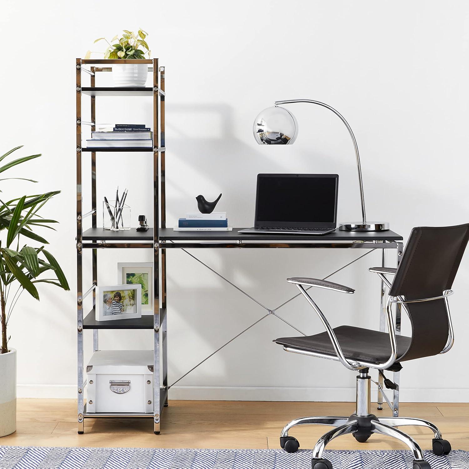 Elvis Black Wood and Chrome Computer Desk with Bookshelf