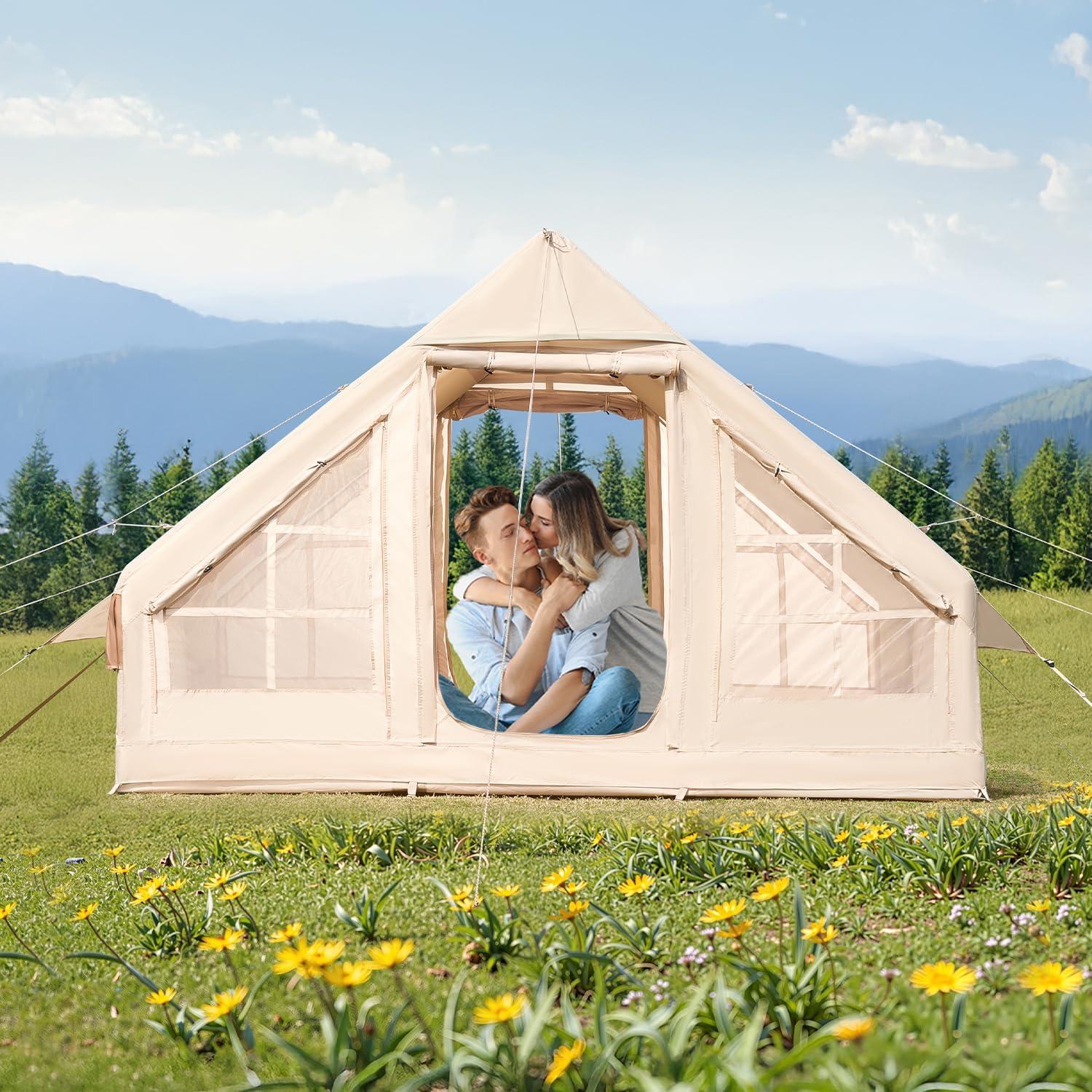 VEVOR Inflatable Tents for Camping, Easy Setup Blow up Tent with Hand Pump, 4 Season Glamping Tent with Stove Jack, Doors & Mesh Windows, Storage Bag Included for Easy Taking
