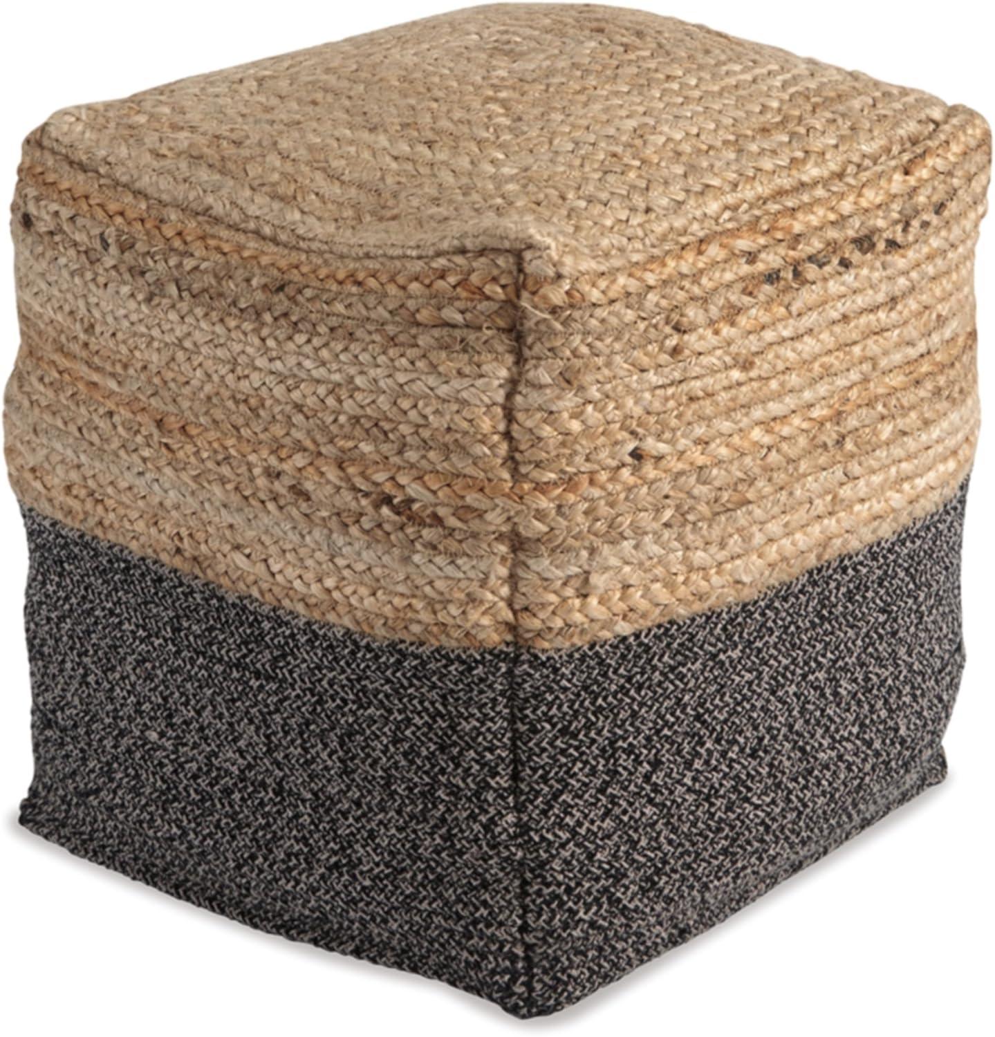 Contemporary Gray and Brown Braided Jute Pouf, 19" W x 17.5" H