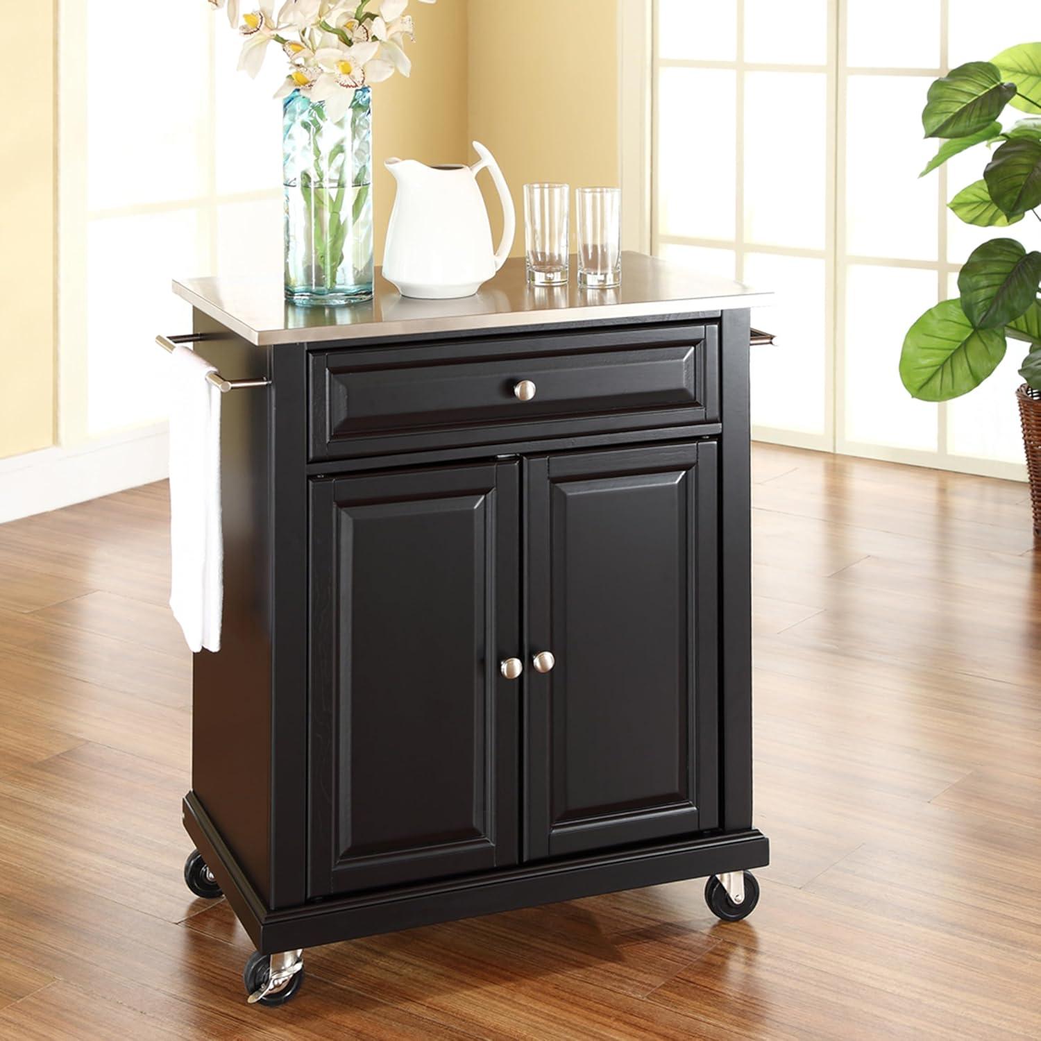 Portable Stainless Steel Top Kitchen Island Wood/Black - Crosley: With Storage, Adjustable Shelves & Casters