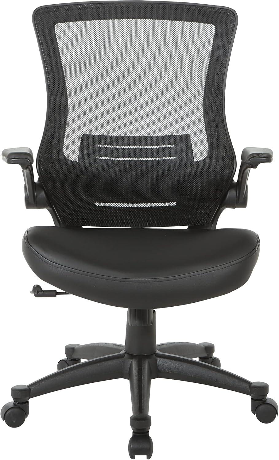 Office Star Products Screen Back Manager's Chair in Black Faux Leather Seat with PU Padded Flip Arms with Silver Accents