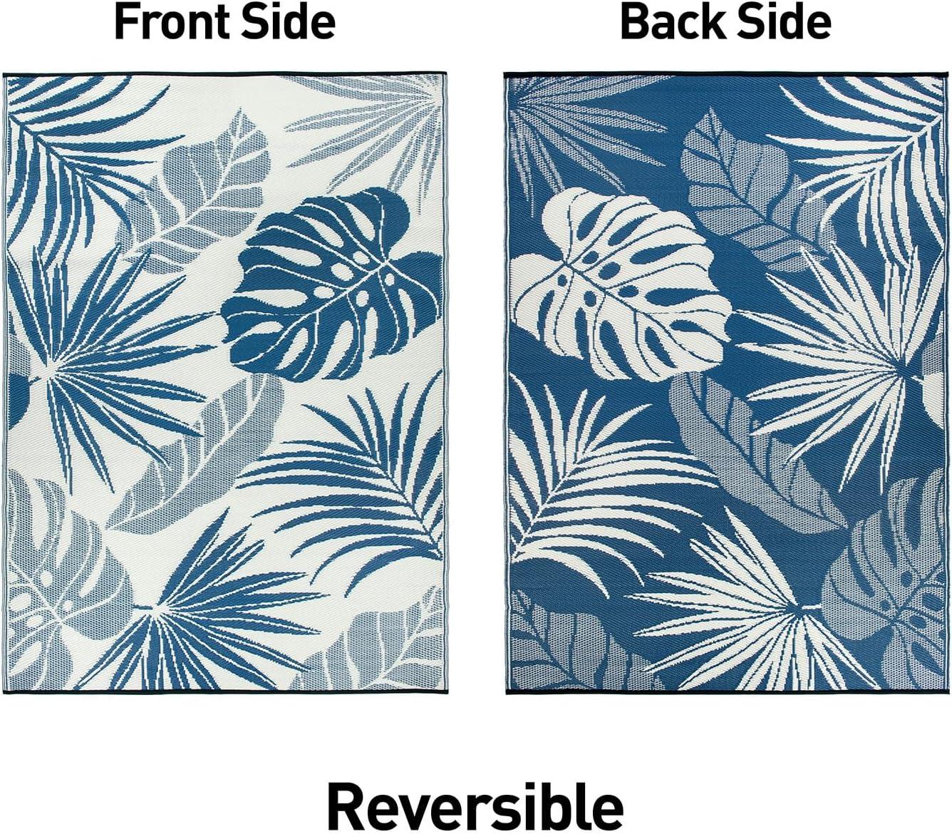 Blue Floral Reversible Synthetic 5' x 7' Outdoor Rug