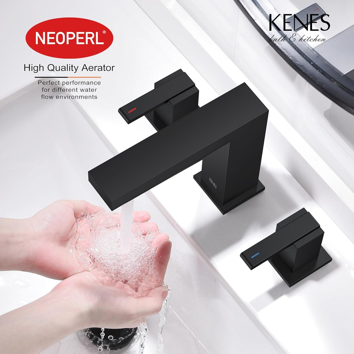 KENES Matte Black Widespread Bathroom Faucet Two Handle Bathroom Sink Faucets Black 3 Hole, 8-Inch 3 Pieces Bathroom Vanity Faucet Lavatory Faucet with Supply Lines, KE-9050-2